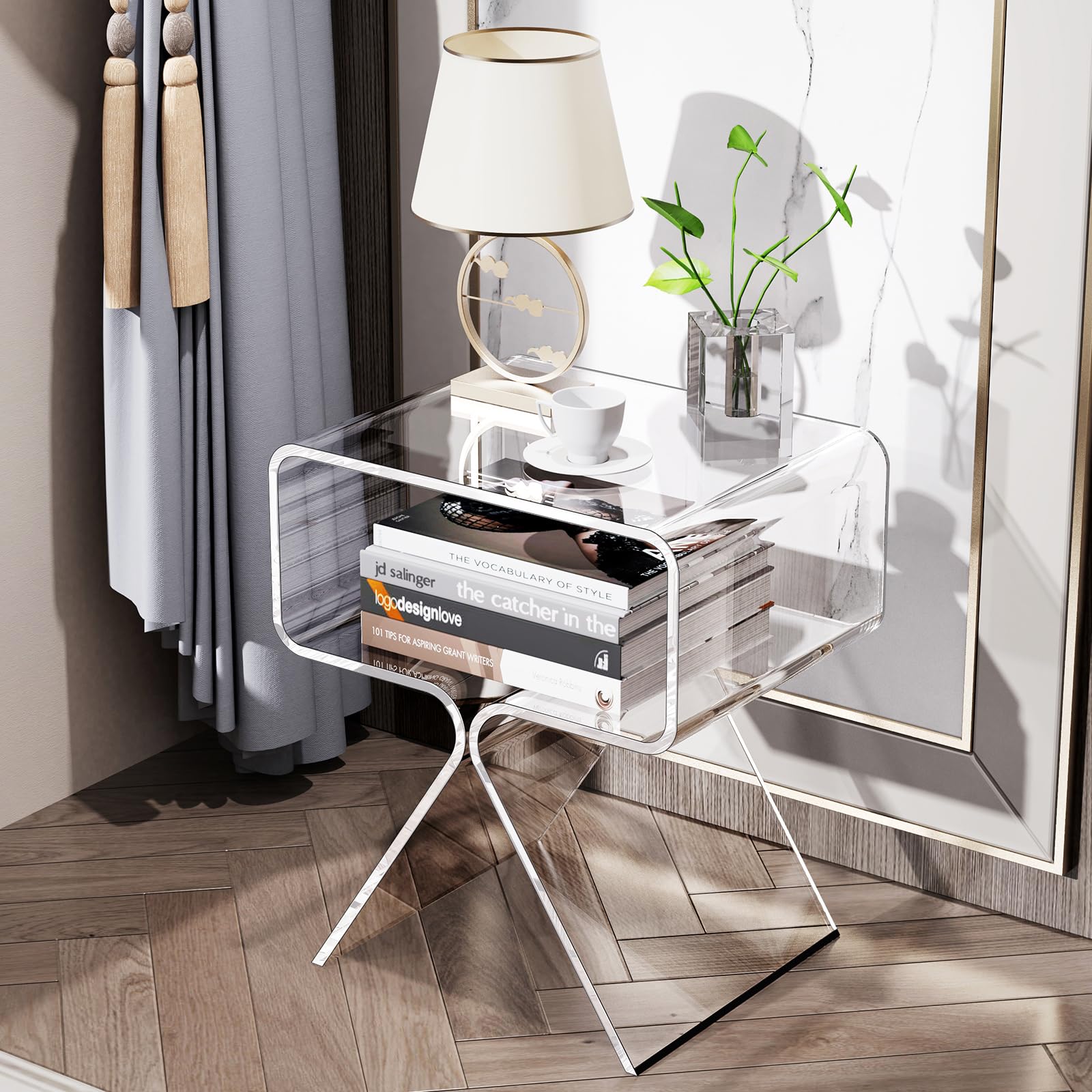 Mesa Auxiliar de Acrílico, Mesita de Noche, pequeña Transparente para Sala de Estar, Dormitorio (Claro)