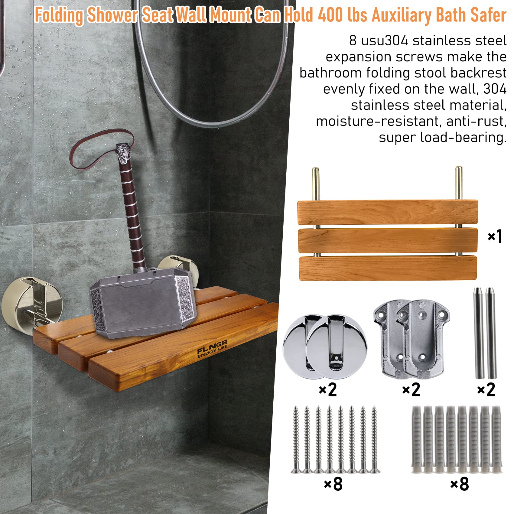 20" Folding Teak Shower Seat Wall Mounted,Fold Down Shower Seat