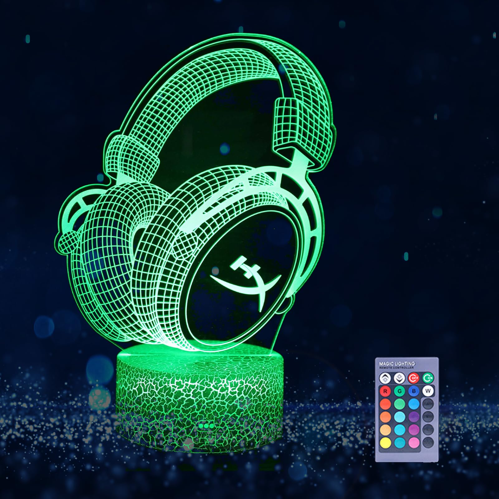 Tuzsocr Headphones 3D Optical Illusion Lamp,Hologram Illusion Controller Night Light,LED Bedside Table Desk Lamp,16 Colors Change with Remote Control,Birthday Gift for Boy Children Earphone Lovers (A)
