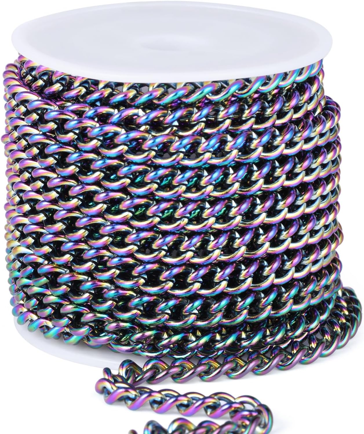 16.5FT Colorful Stainless Steel Curb Chains Roll, 7mm 304 Stainless Steel Multi Color Flat Twisted Links Curb Chains Bulk Spool for Jewelry Making DIY Craft