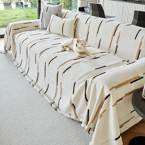 Miniatura 7 de STACYPIK Funda de sofá de felpilla súper suave para mascotas, protector de sofá antiarañazos para sofás de 3 cojines, funda blanca a rayas