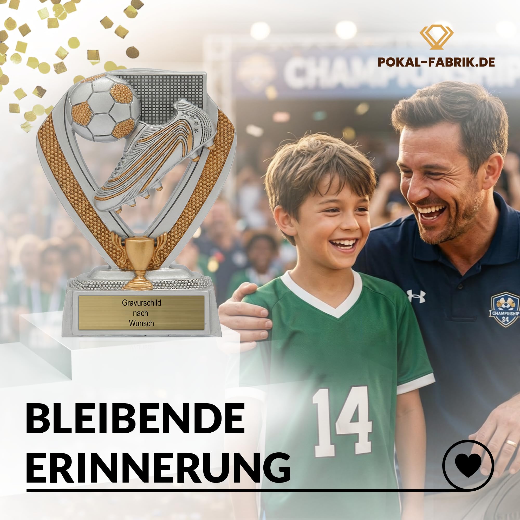 Pokal-Fabrik - Pokal mit Gravur Wunschtext - Fussballpokal Schuh mit Ball 10 cm – personalisierte Geschenk-Trophäe für Fußball WM & Sport Events - Wanderpokal/Kindergeburtstag