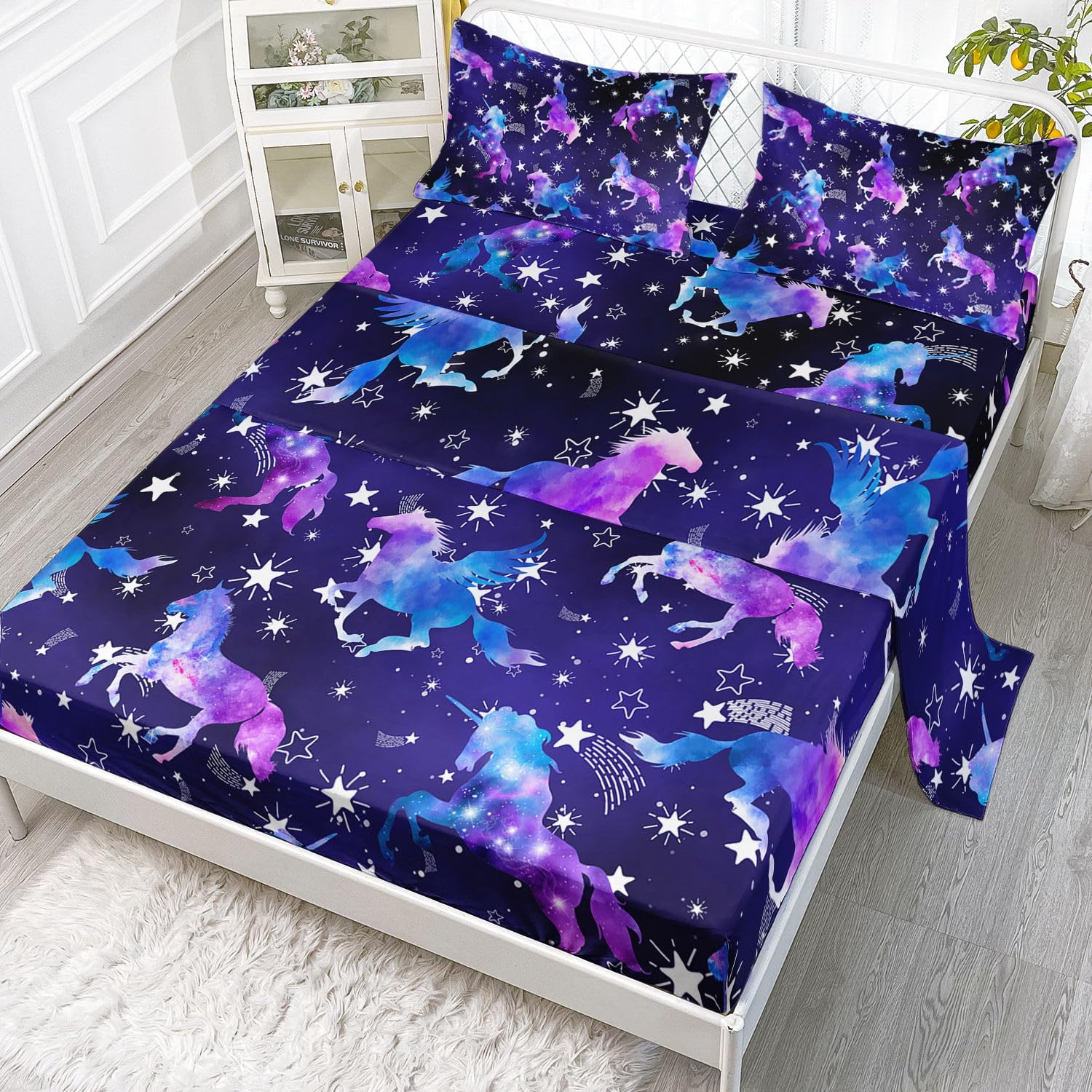 Datura Home Colorful Unicorn Sheets Set for Kids - Star Theme Printed 4-Piece Set with Flat Sheet, Fitted Sheet, 2 Pillowcases (Full Size)