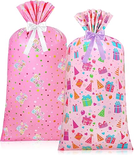 Ctosree 2 bolsas de regalo extragrandes de 70 x 40 pulgadas, bolsas de regalo gigantes de plástico rosa, bolsas de regalo de gran tamaño con 2