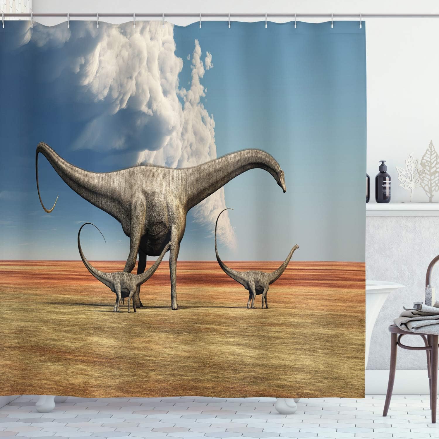 Ambesonne Jurassic Shower Curtain, Mother Diplodocus Dinosaur Walks Along with Her Brood of Youngsters Clouds, Cloth Fabric Bathroom Decor Set with Hooks, 69" W x 84" L, Khaki Blue Grey