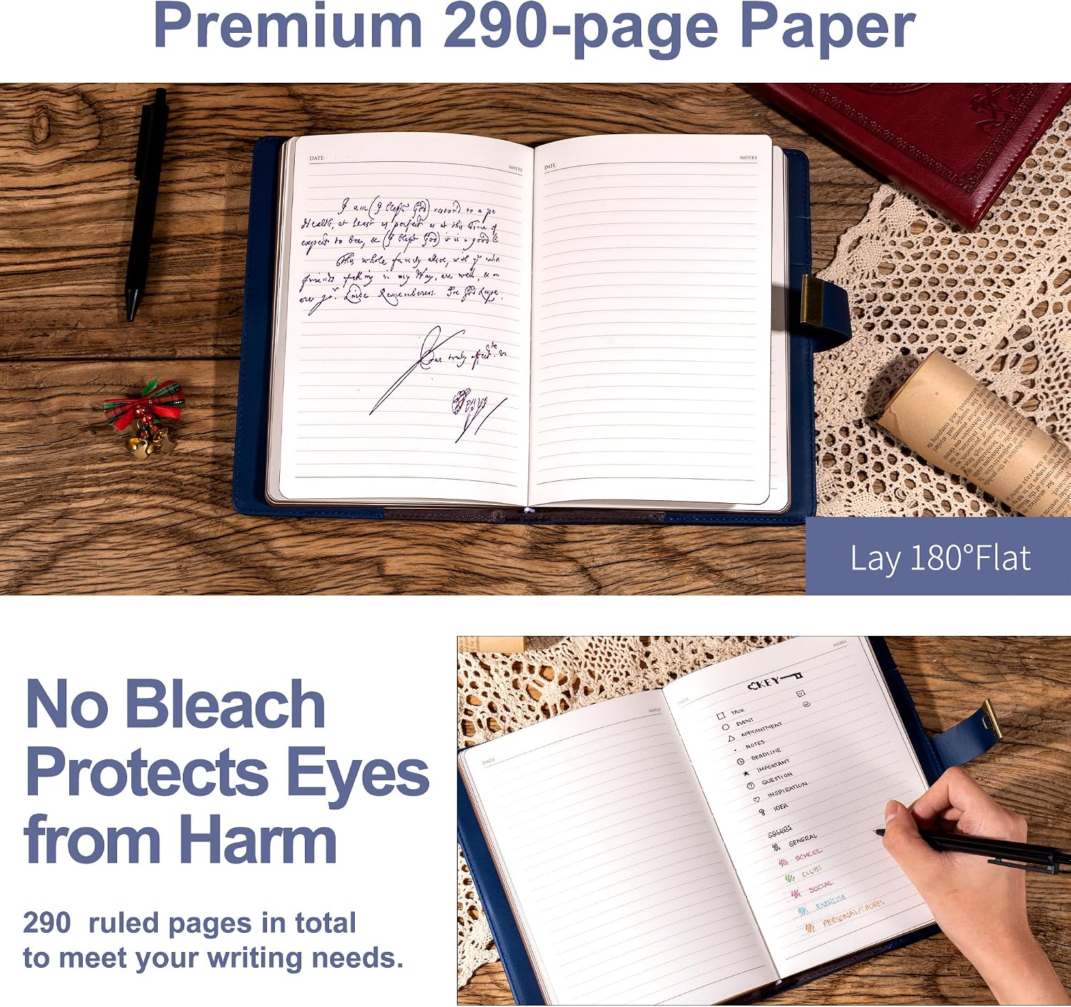 CAGIE Diary with Lock for Women and Men A5 Refillable 290 Lined Pages Locked Journal with Pen, Journal with Lock for Adults Travel Diary for Writing, 5.7'' X 8.3'', Dark Blue