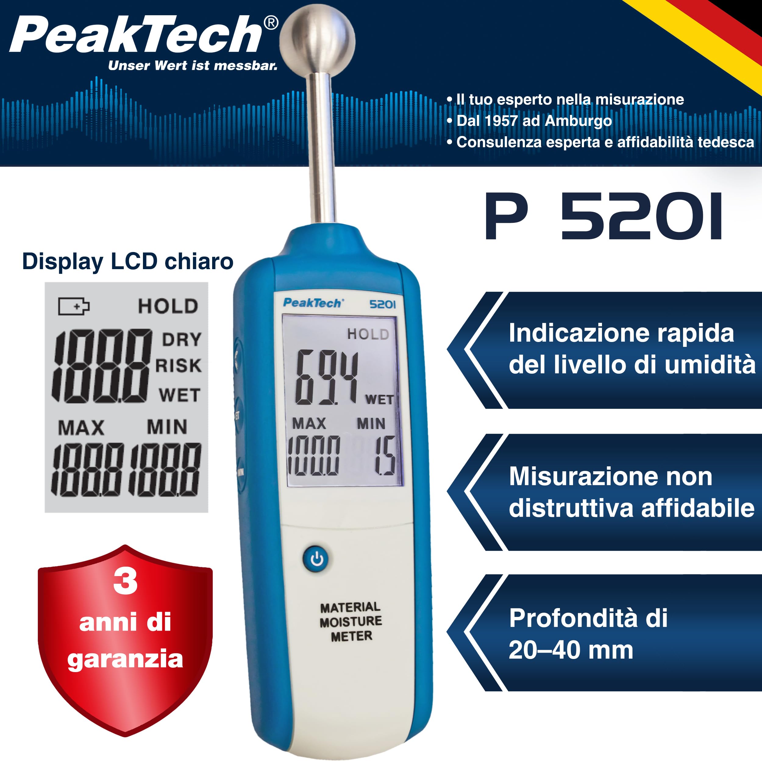 Peaktech 5201 – Misuratore di Umidità, Igrometro per Edilizia, Indicatore di Umidità del Legno, Parete, Gesso, Gesso, Muratura - Profondità di Misurazione: 20-40 mm, Blu