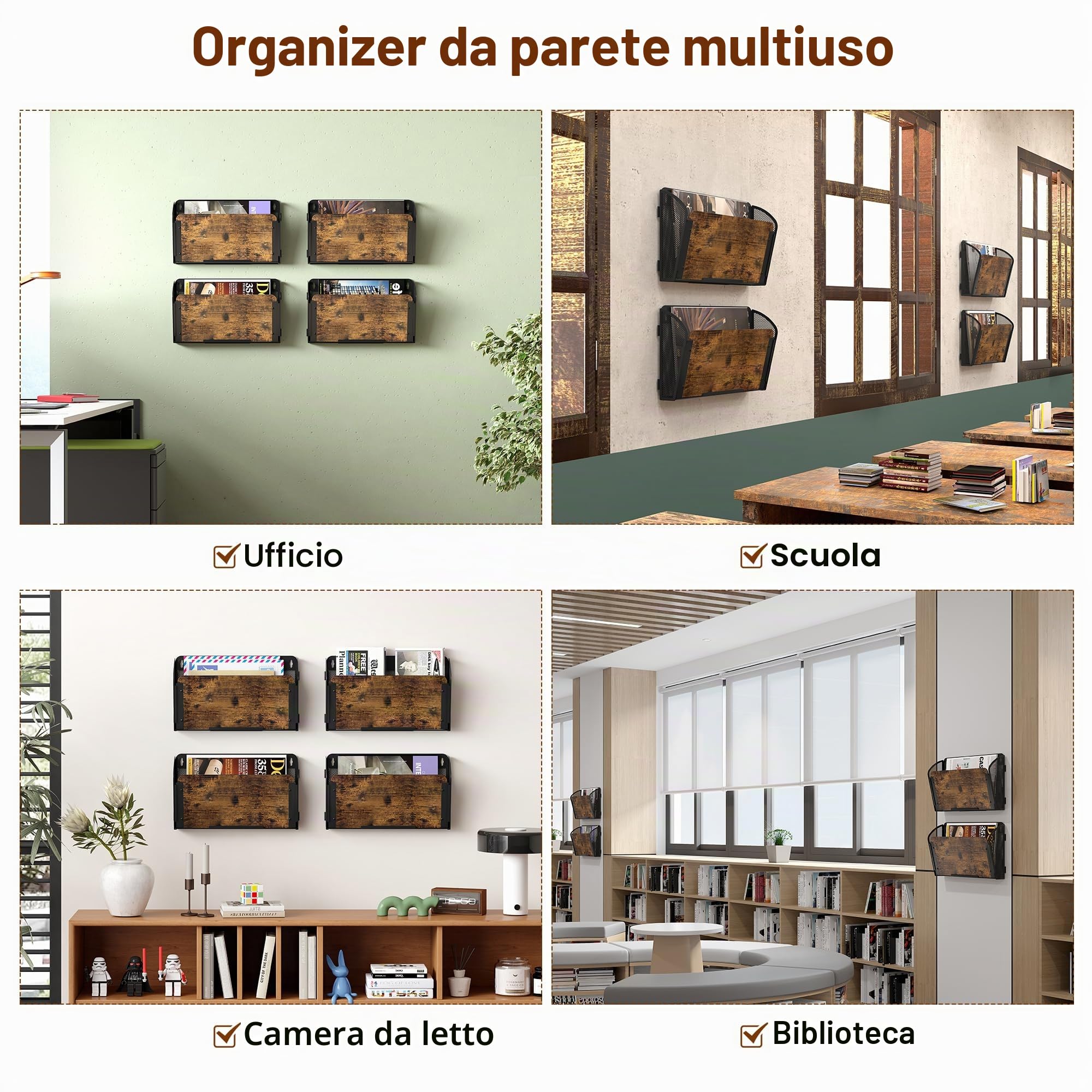 TQVAI Organizer Documenti Parete, 4 Tasche Metallo Legno Portariviste Parete Scaffale per Documenti A4 Organizzatore Scrivania Ufficio Casa, Antico/Nero