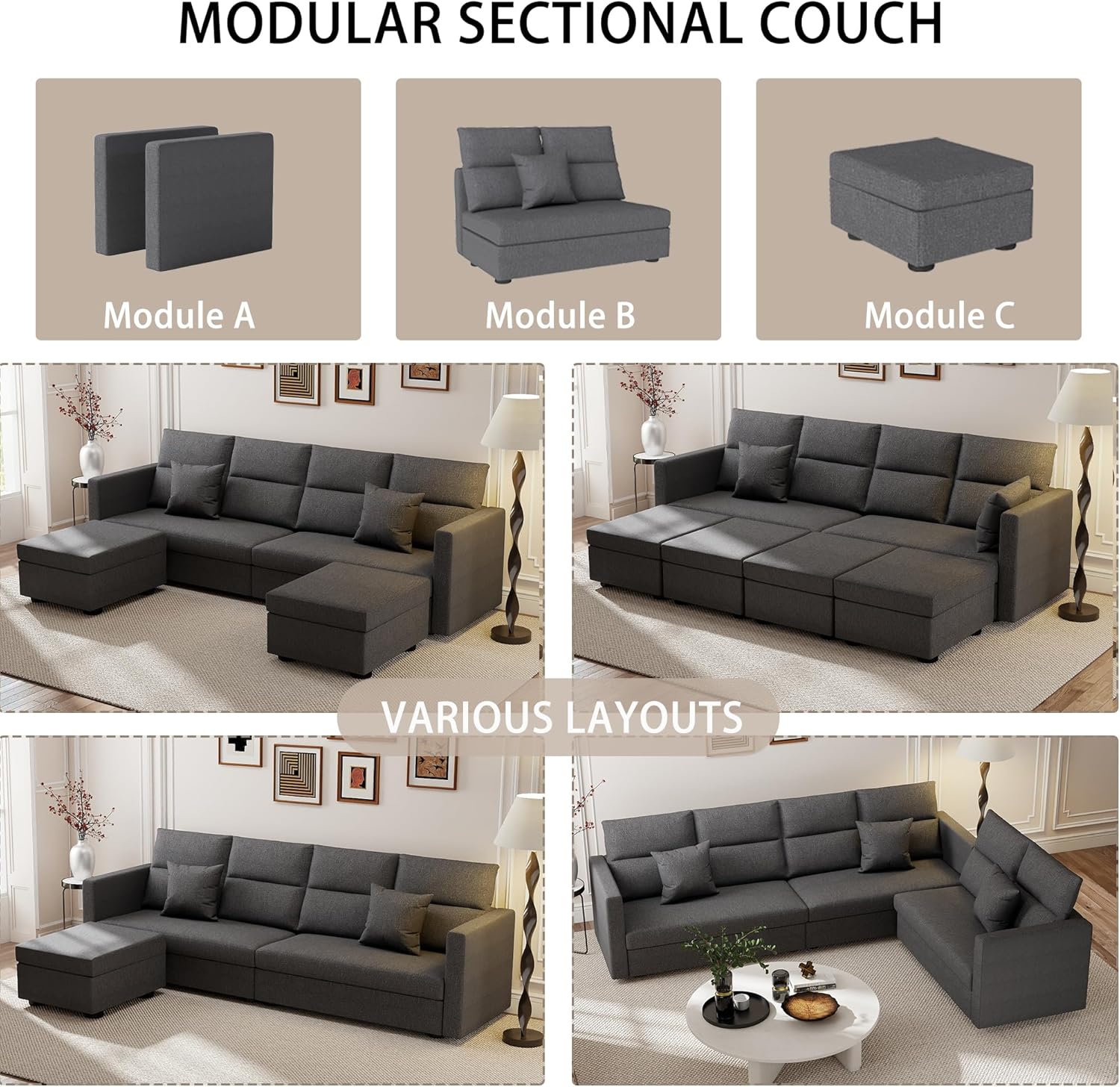 loveseat Cloud Sectional Couch: 48" Grey Cloud Modular Sectional Sofa for Living Room, Comfy Modular Couches with Cuddler, 2 Seater Modern Sofas for Apartment | Linen