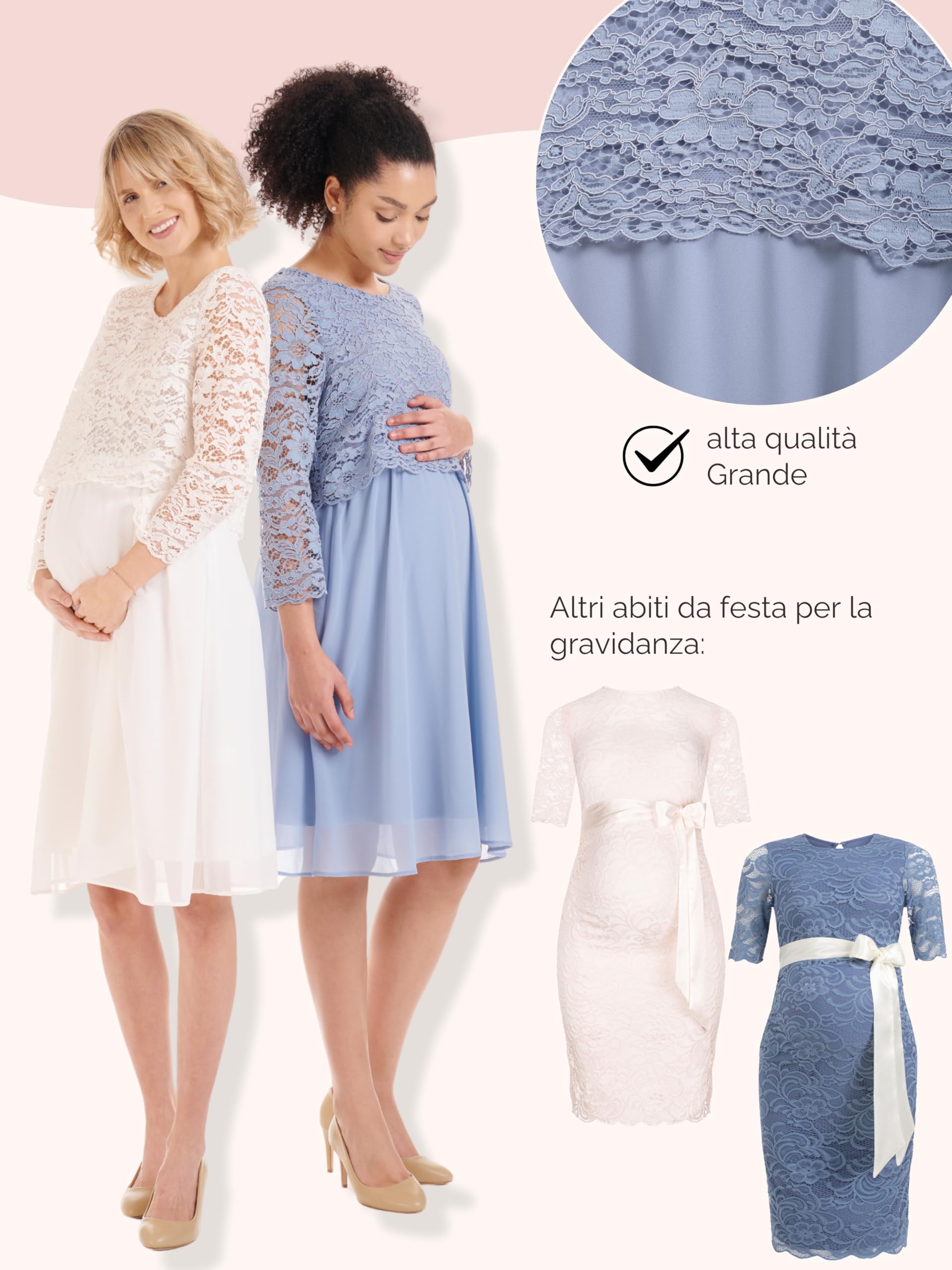 Herzmutter Abito Premaman Elegante - Abito Gravidanza Cerimonia - Abito Pizzo Chiffon - per Occasioni Festive-Feste di Nozze - Crema-Blu-Rosa - 6400