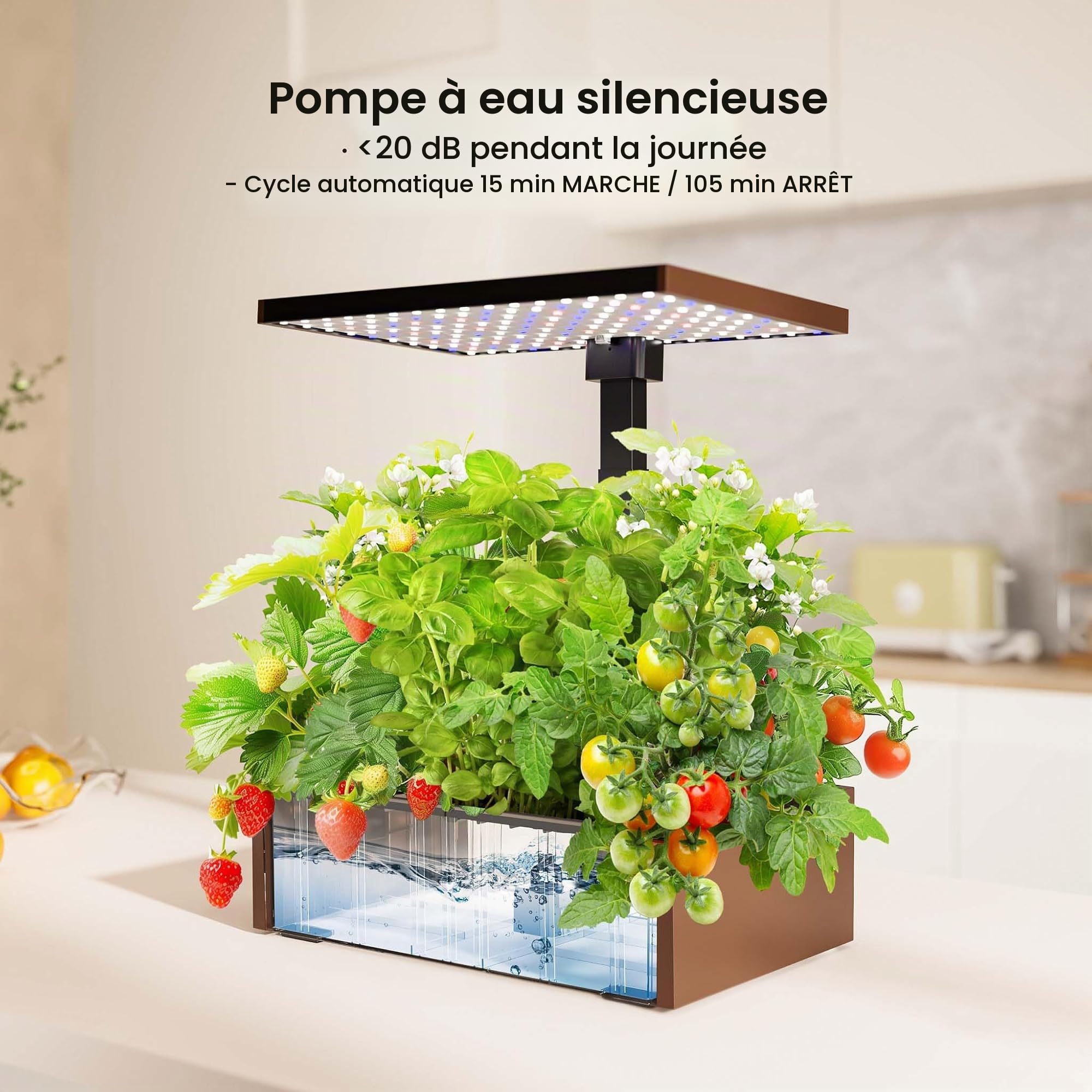 WilTec Kit Serre pour Culture hydroponique – 40 x 26 x 36 cm – Jardinière Potager intérieur – Hauteur Ajustable – LED, réservoir 9,8 L, Capsules – Jardin de Cuisine de Couleur Brune