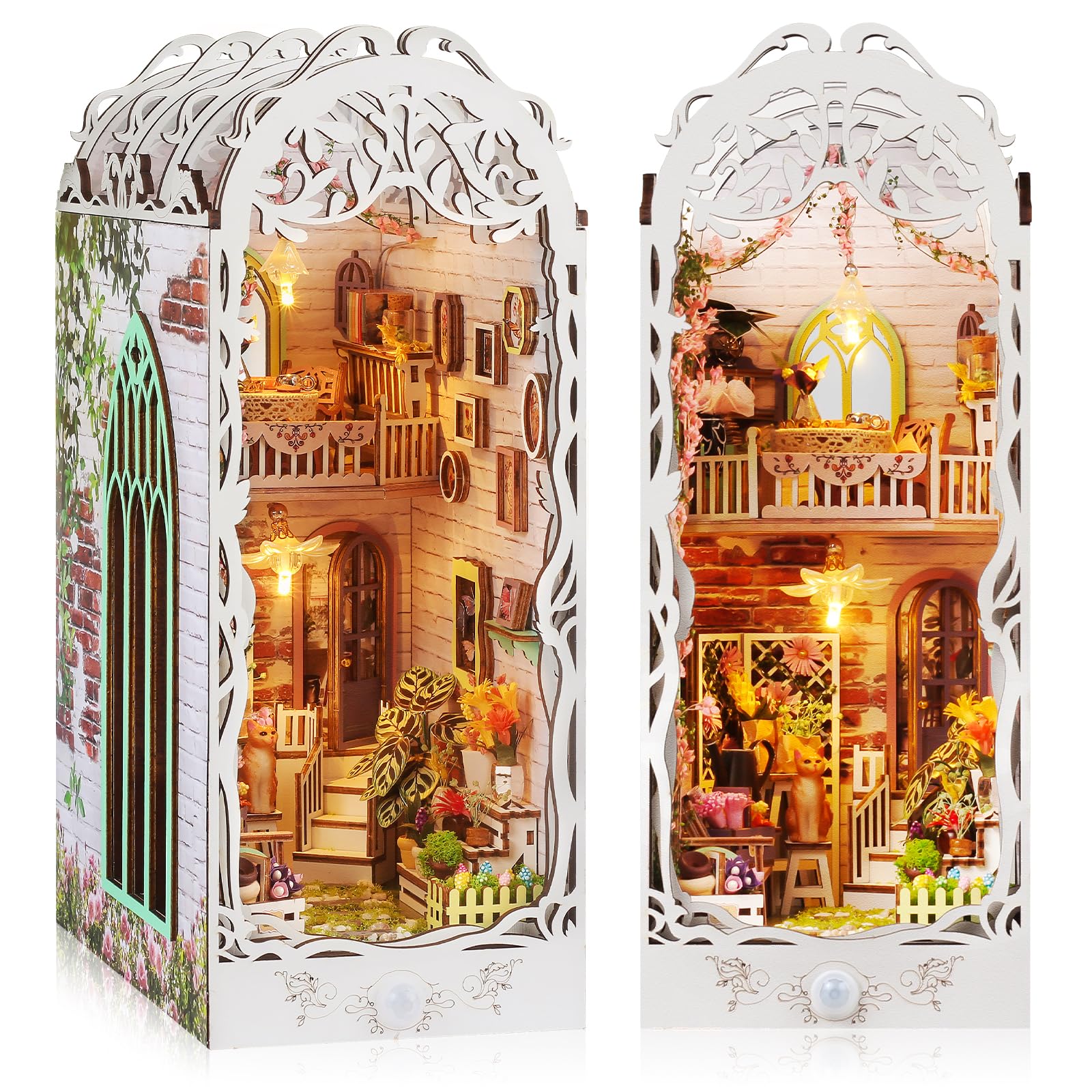 Quanquer DIY Book Nook Kit Casa de Las Flores: casa de muñecas de Madera en Miniatura con Muebles y luz LED, Invernadero Rompecabezas de Madera 3D Book Nook Kit, para Personas Mayores de 14 años,