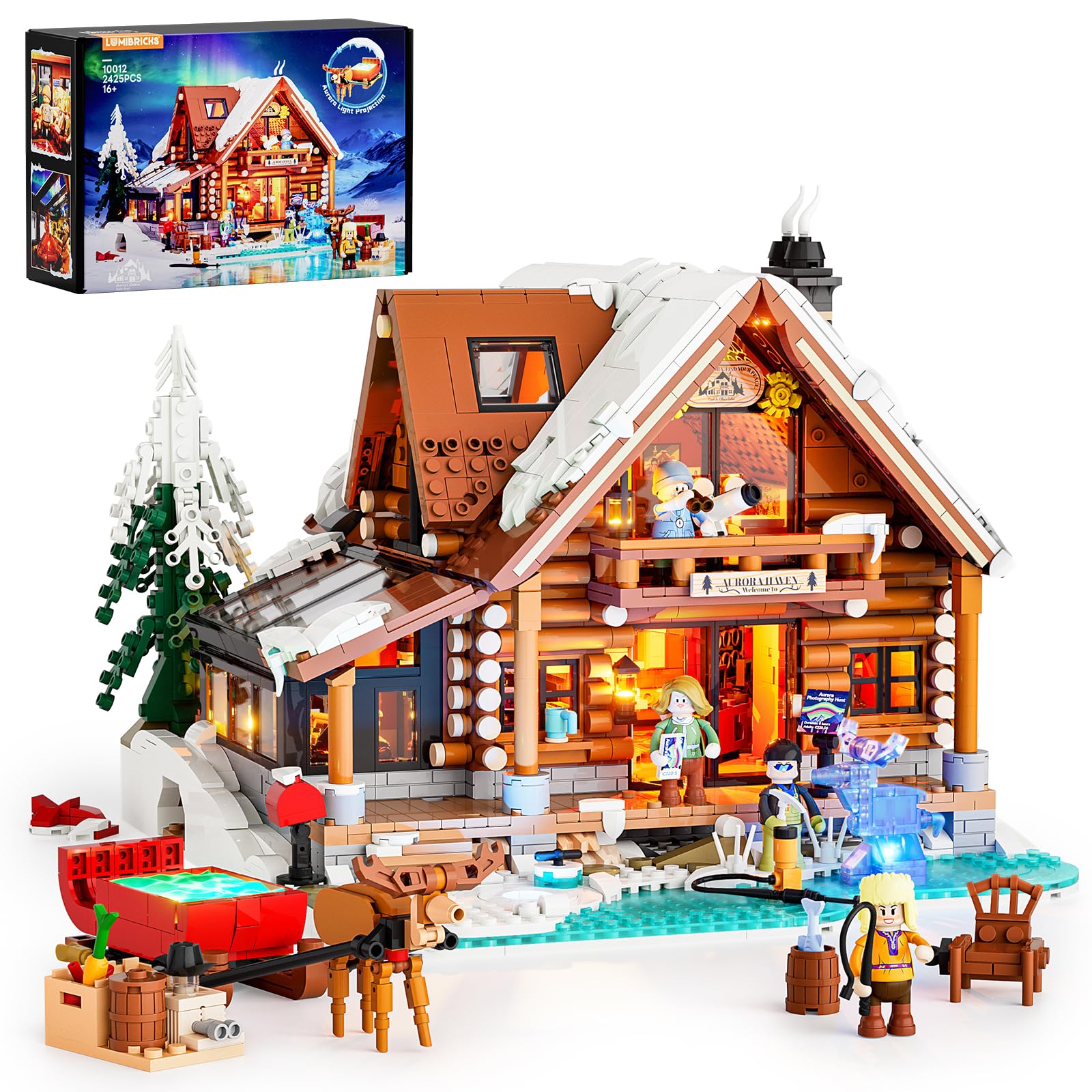 Lumibricks Aurora Cabin with LED- 2425pcs Northern Observation Wooden House Set with Innovative Aurora Projection Light System, Immersive Arctic Scenes, Collector Display for Adults