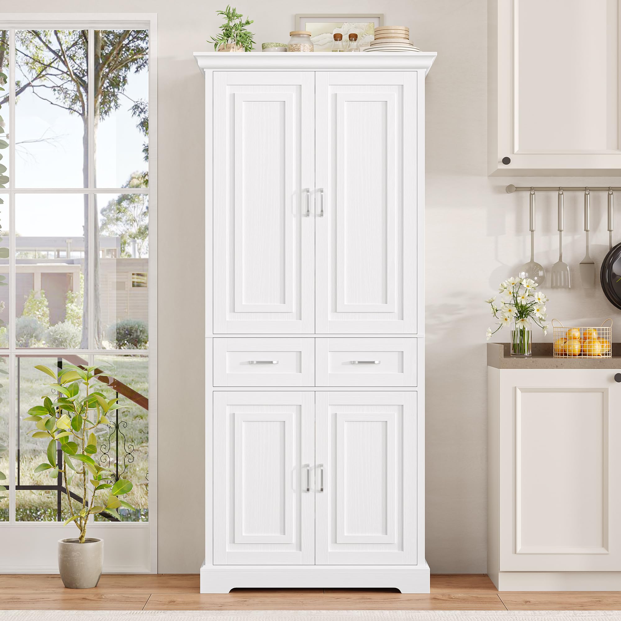 FirFurd 180,5 cm Credenza Cucina, Mobile Cucina con 4 Ante, Mobile Dispensa con 2 Cassetti, Credenza Alta a Ripiani Regolabili, 80x40x180,5cm, Bianco