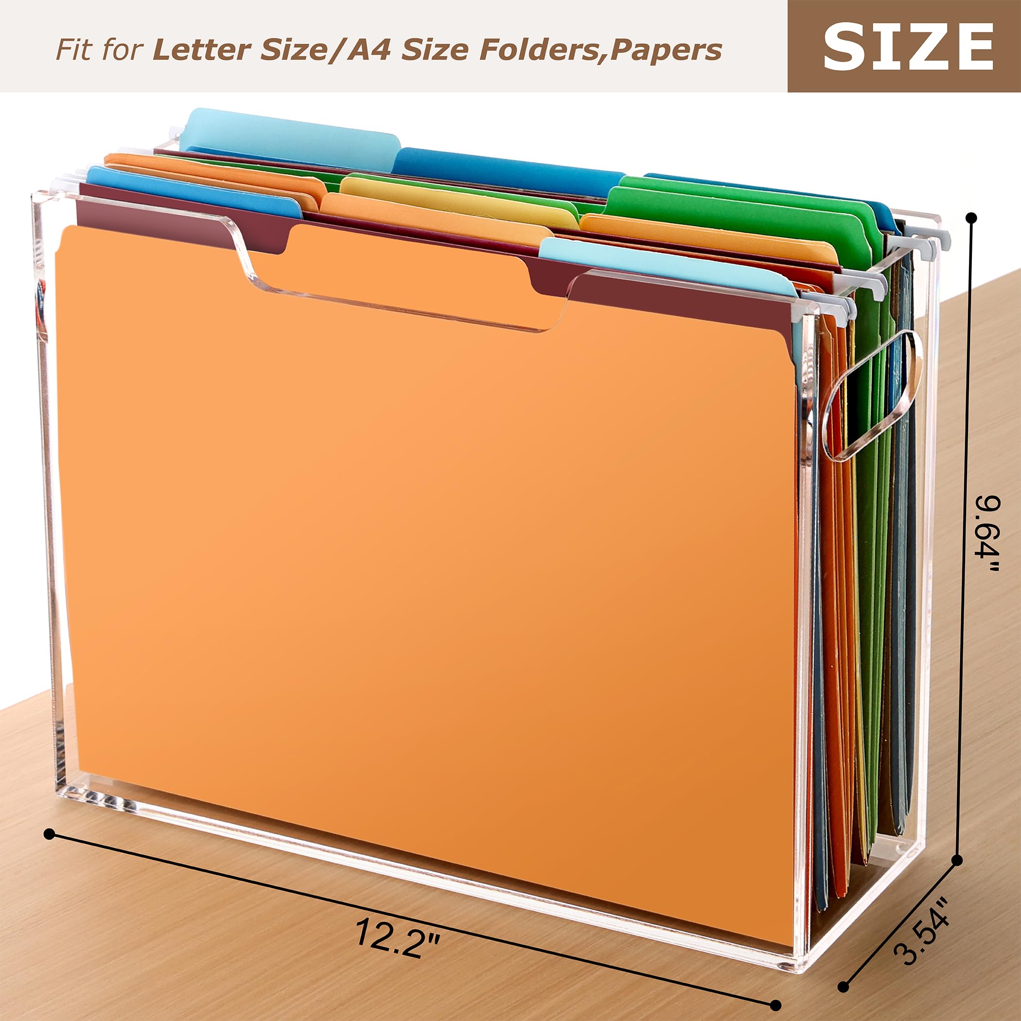 DINGHUO Caja organizadora de archivos colgante de acrílico, soporte de archivos con asas, caja de archivos transparente para carpetas de archivos tamaño carta/A4, carpeta colgante de almacenamiento