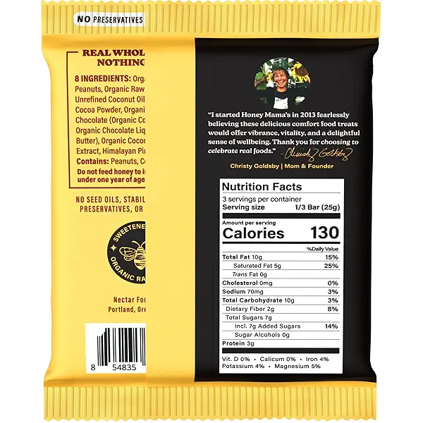 Honey Mama's, Peanut Butter Cup Chocolate Fudge Bars, NO Refined Sugar, Gluten Free, Dairy Free, Soy Free, NO Seed Oils, 2.5 Ounce, 3-Serving Bar 6
