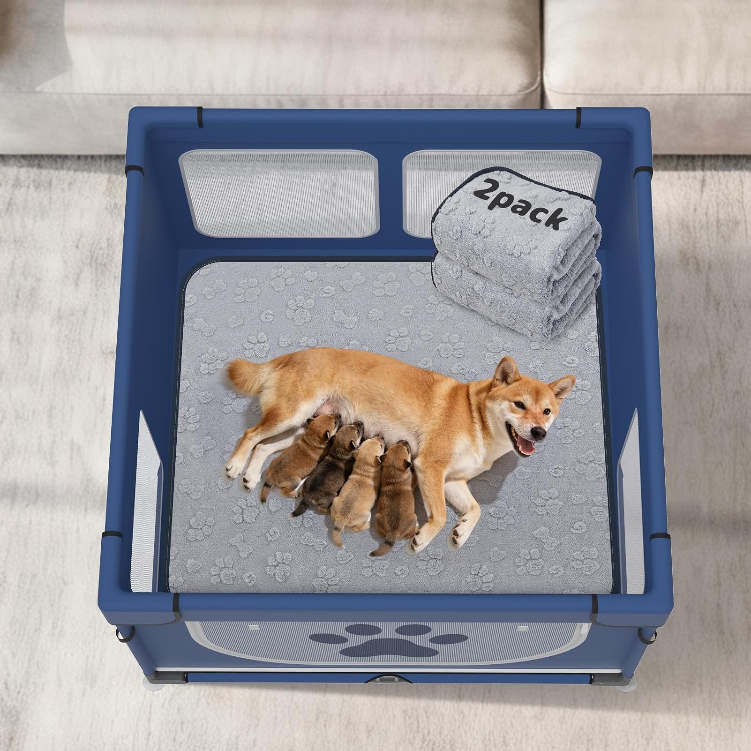 LOOBANI Foldable Dog Playpen with Cover 43.3"x43.3"x27.1" Mix 2 Packs 41"x41" Dog Playpen Mat