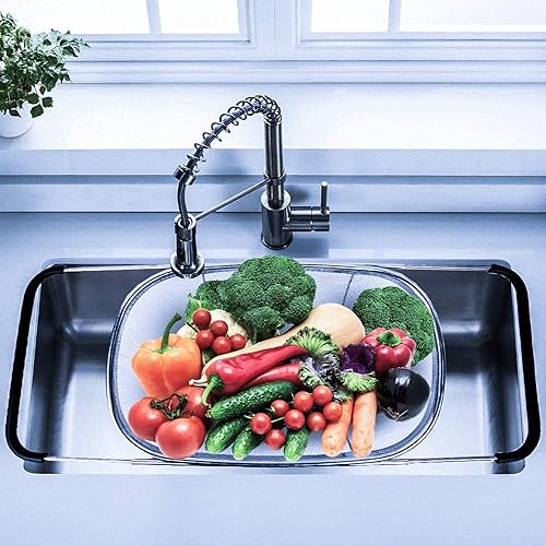 Miniatura 2 de i Kito Colador sobre el fregadero con asas de goma expandibles, colador ovalado de malla fina en acero inoxidable, drenaje, enjuague frutas y