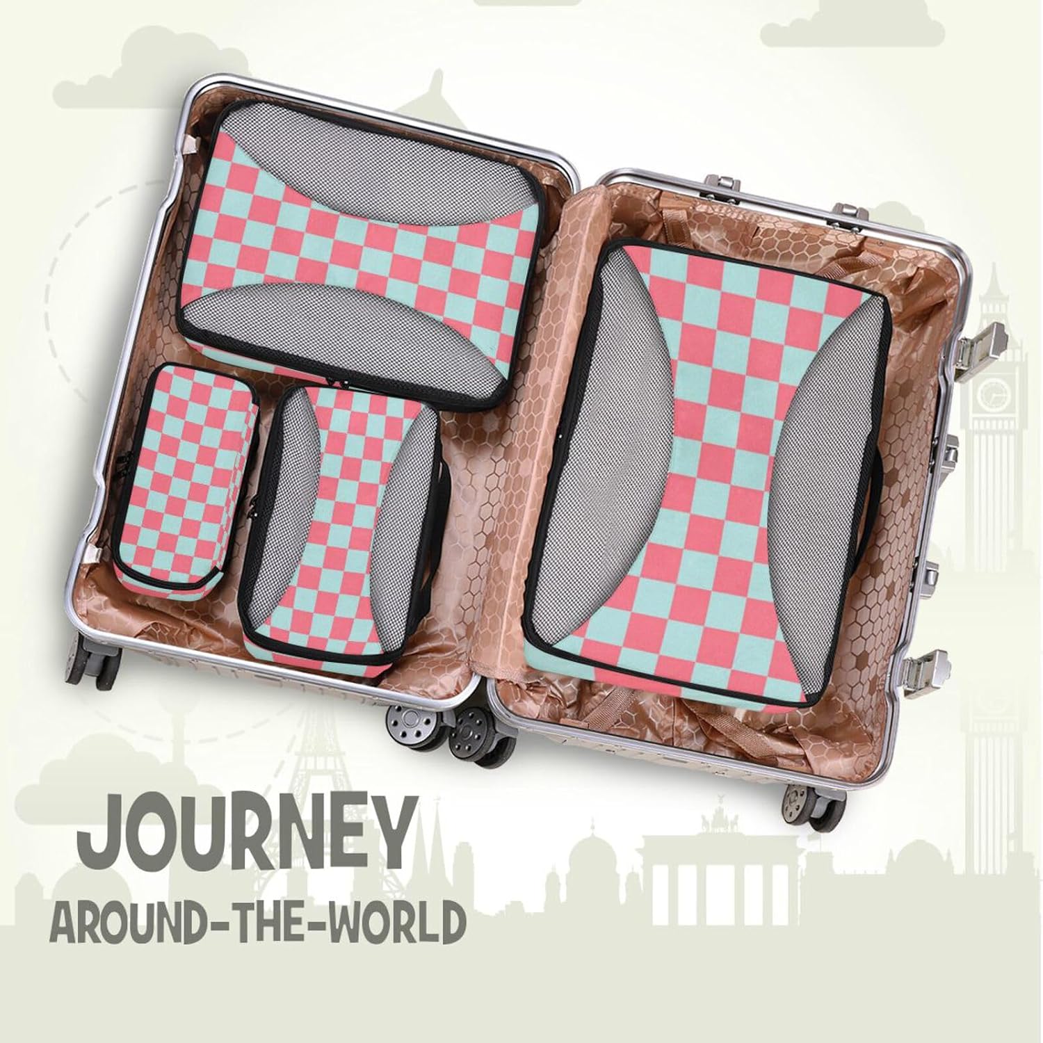 Blue-pink Checkerboard 4 Pcs set organizer for luggage Mesh Travel Essentials lightweight packing cubes travel