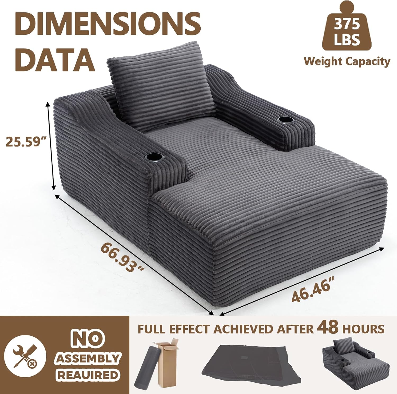 67" Oversized Boneless Lounge Chair Indoor with Cup Holder,Corduroy Cloud Chase Lounge Sofa with 2 Pillows,Upholstered Reading Lounges Chairs in a Box for Livingroom,No Assembly Required (Dark Gray)
