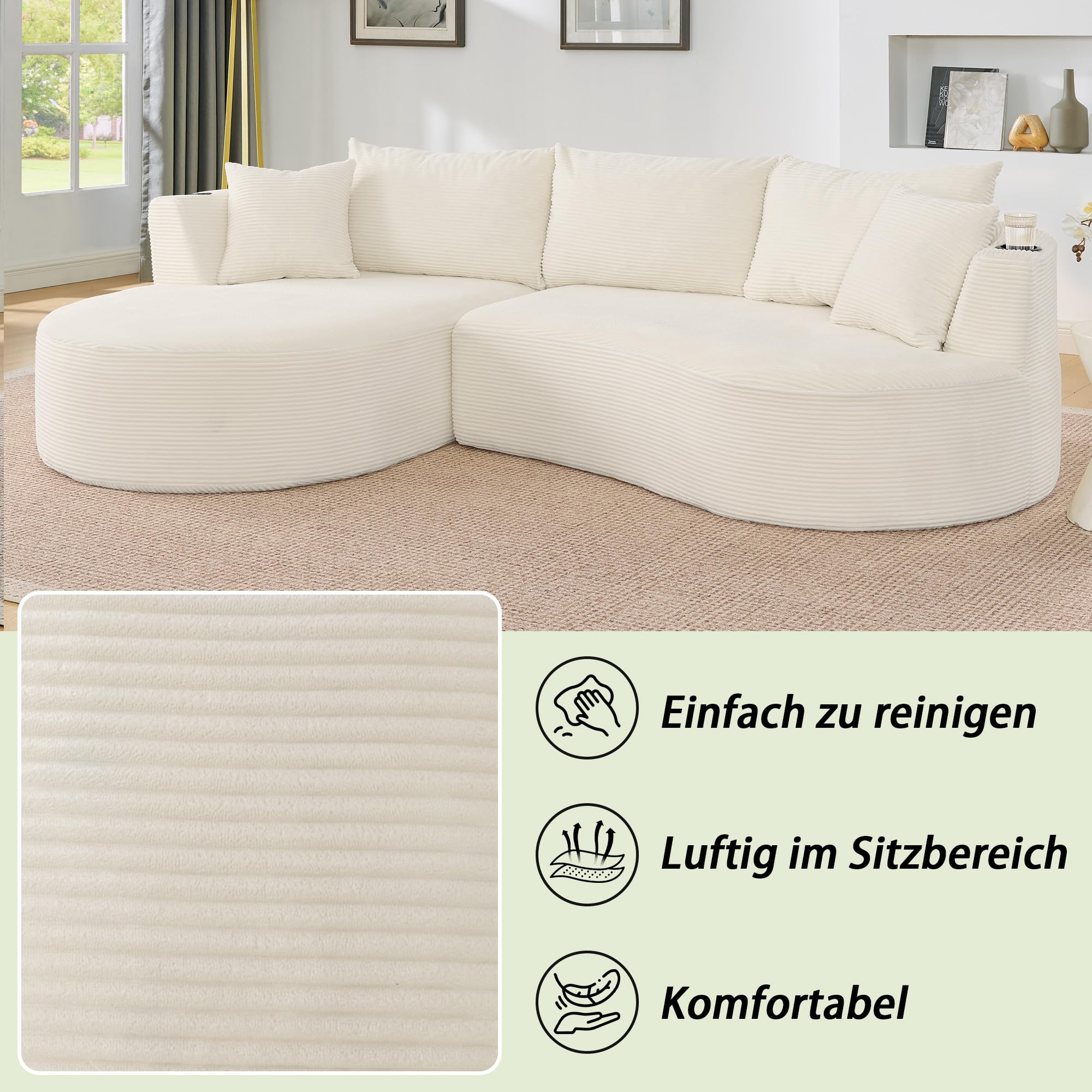 Sofá de 3 Plazas con Pana Suave, Chaise Longue Izquierda, Beige, 2 Piezas