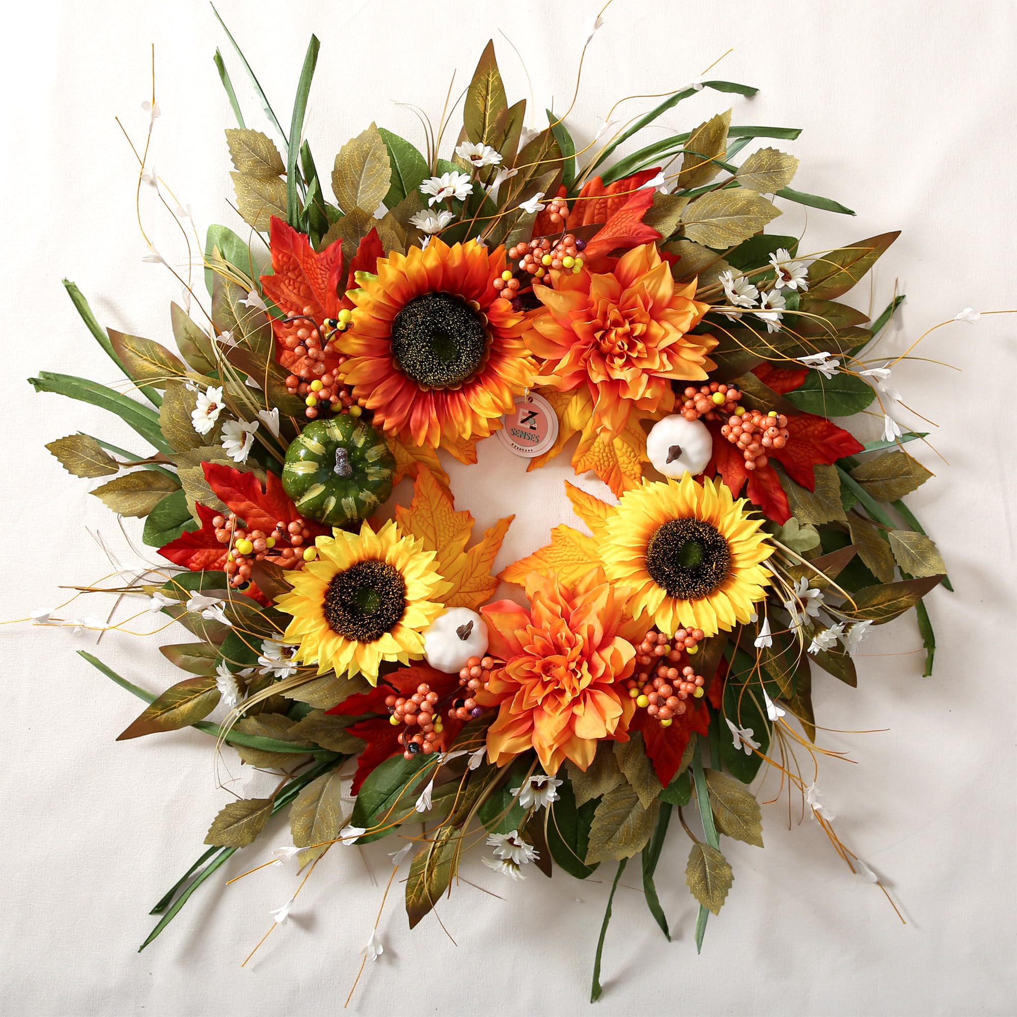 Herbstkranz für Haustür, 61 cm, Herbsttürdekoration mit Kürbissen, Sonnenblumen und Ahornblättern, rustikaler Bauernhausstil für Thanksgiving und Ernte