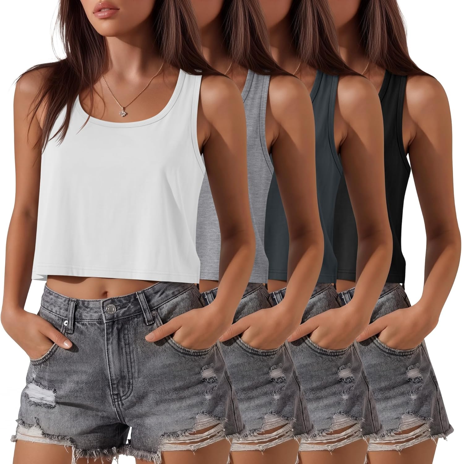 4 Pack Women's Crop Tanks Casual Sleeveless Shirts Loose Fit Scoop Neck T-Shirts Summer Tees Solid Workout Tops