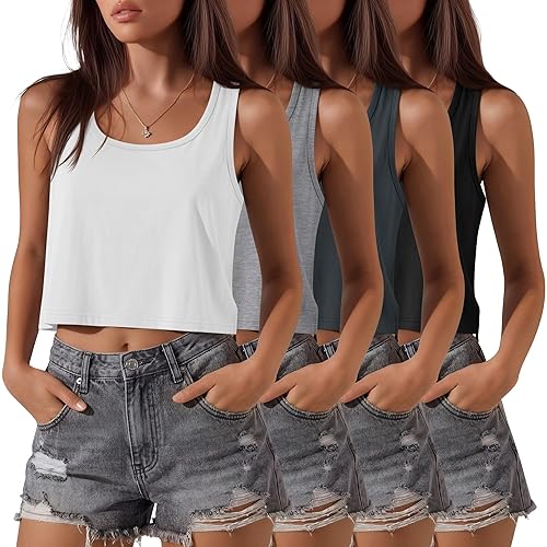 4 Pack Women's Crop Tanks Casual Sleeveless Shirts Loose Fit