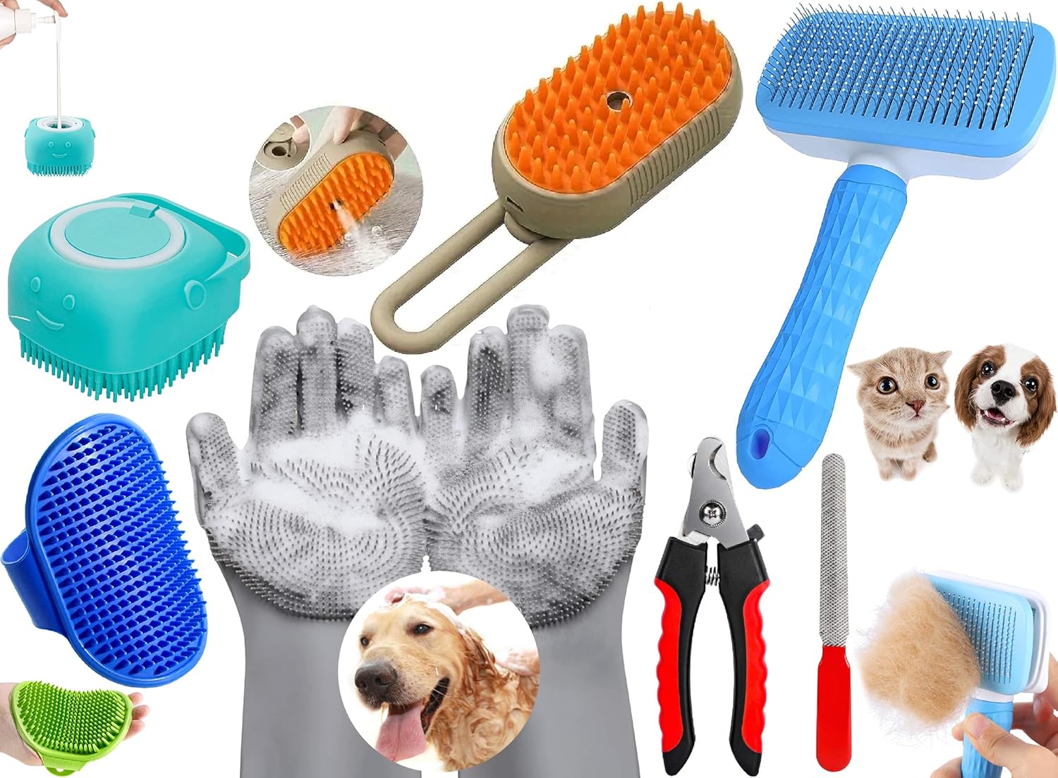 6-in-1 Pet Grooming Combo for Dogs & Cats | Bathing Brush, Silicone Shampoo Dispenser, Deshedding Glove, Slicker Brush, Nail Clipper & File | Complete Pet Cleaning, Bathing & Shedding Care Kit
