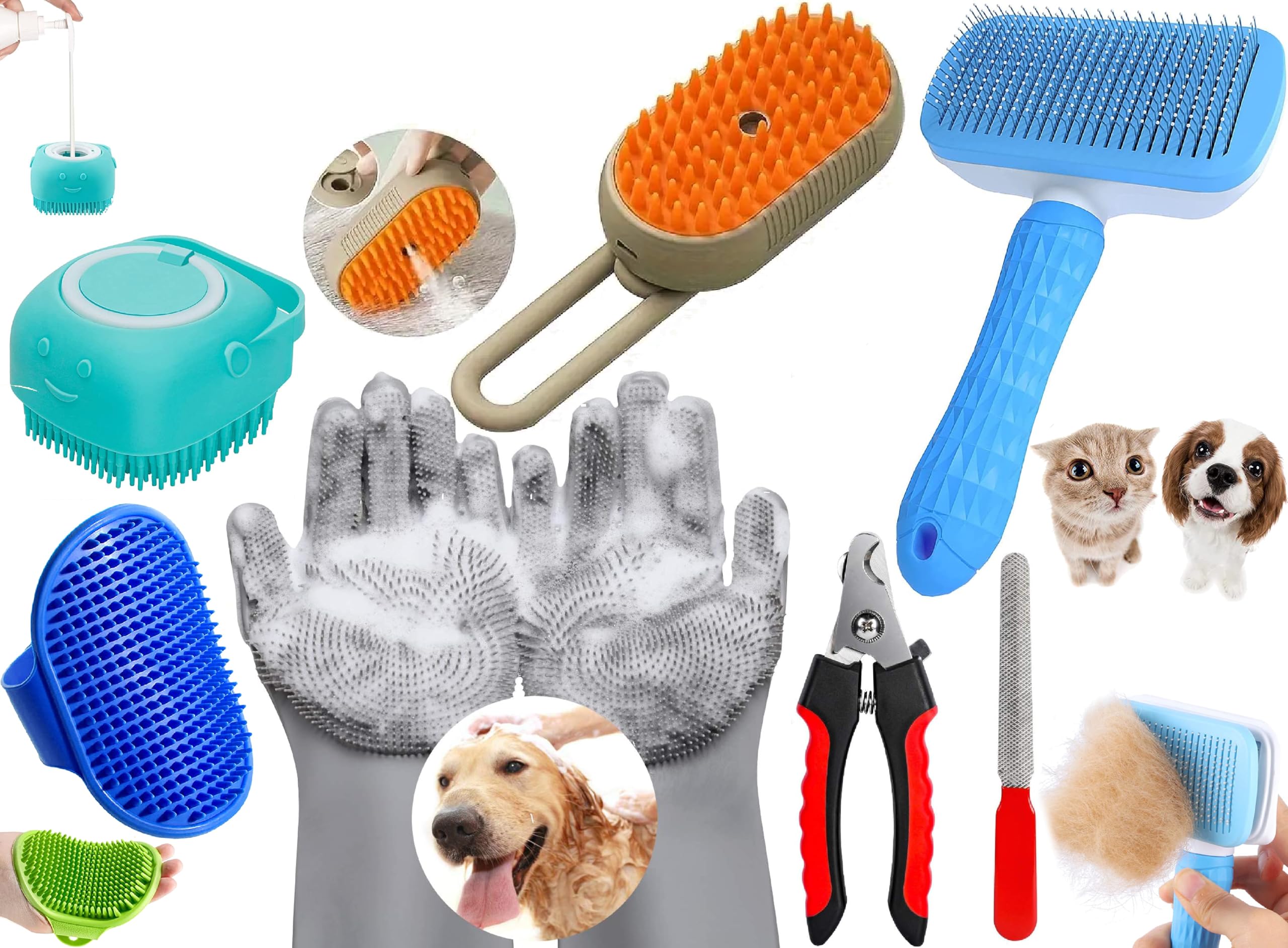 6-in-1 Pet Grooming Combo for Dogs & Cats | Bathing Brush, Silicone Shampoo Dispenser, Deshedding Glove, Slicker Brush, Nail Clipper & File | Complete Pet Cleaning, Bathing & Shedding Care Kit-image-41