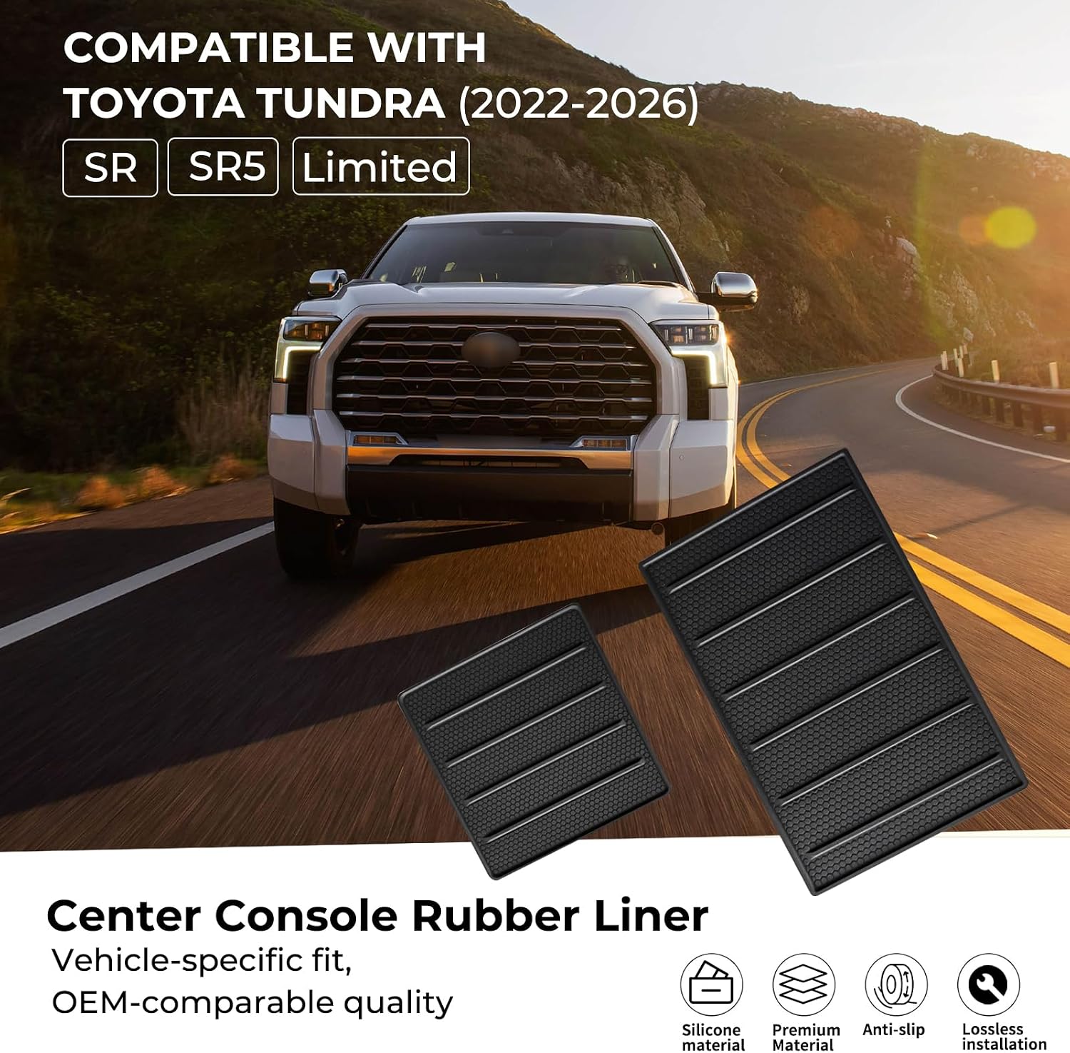 2PCS Center Console Tray Liner for 2022-2026 Toyota Tundra SR SR5 Limited Interior Accessories, Anti-Slip Silicone Armrest Lid Tray Insert, Black Mat Pad for Organizer