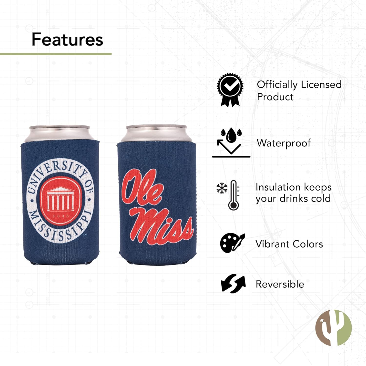 Desert Cactus University of Mississippi Can Insulator Ole Miss Beverage Cooler 4 Pack Foam Beverage Holder Rebels U of M (4 Pack Can)