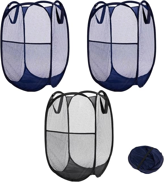 3Pcs Mesh Pop-Up Foldable Net Laundry Basket Bag, Large Foldable Mesh Laundry hamper/Laundry Net Bag with Side Pockets for Dirty Clothes, Toys Tidy Storage - Navy and Black