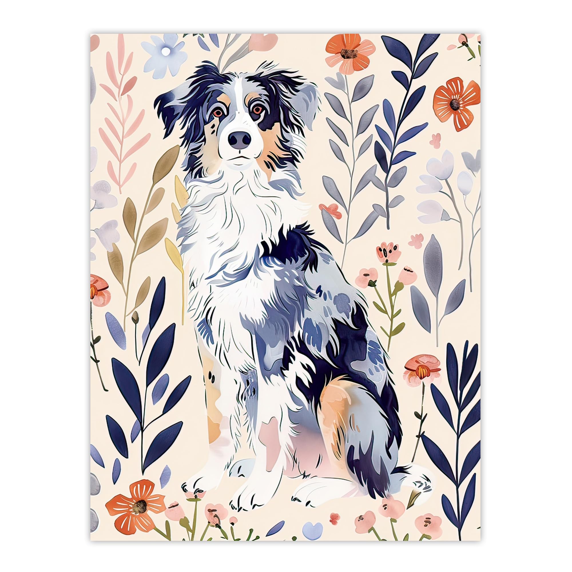 Artery8 Australian Shepherd Floral Portrait Poster W24 inch x H32 inch