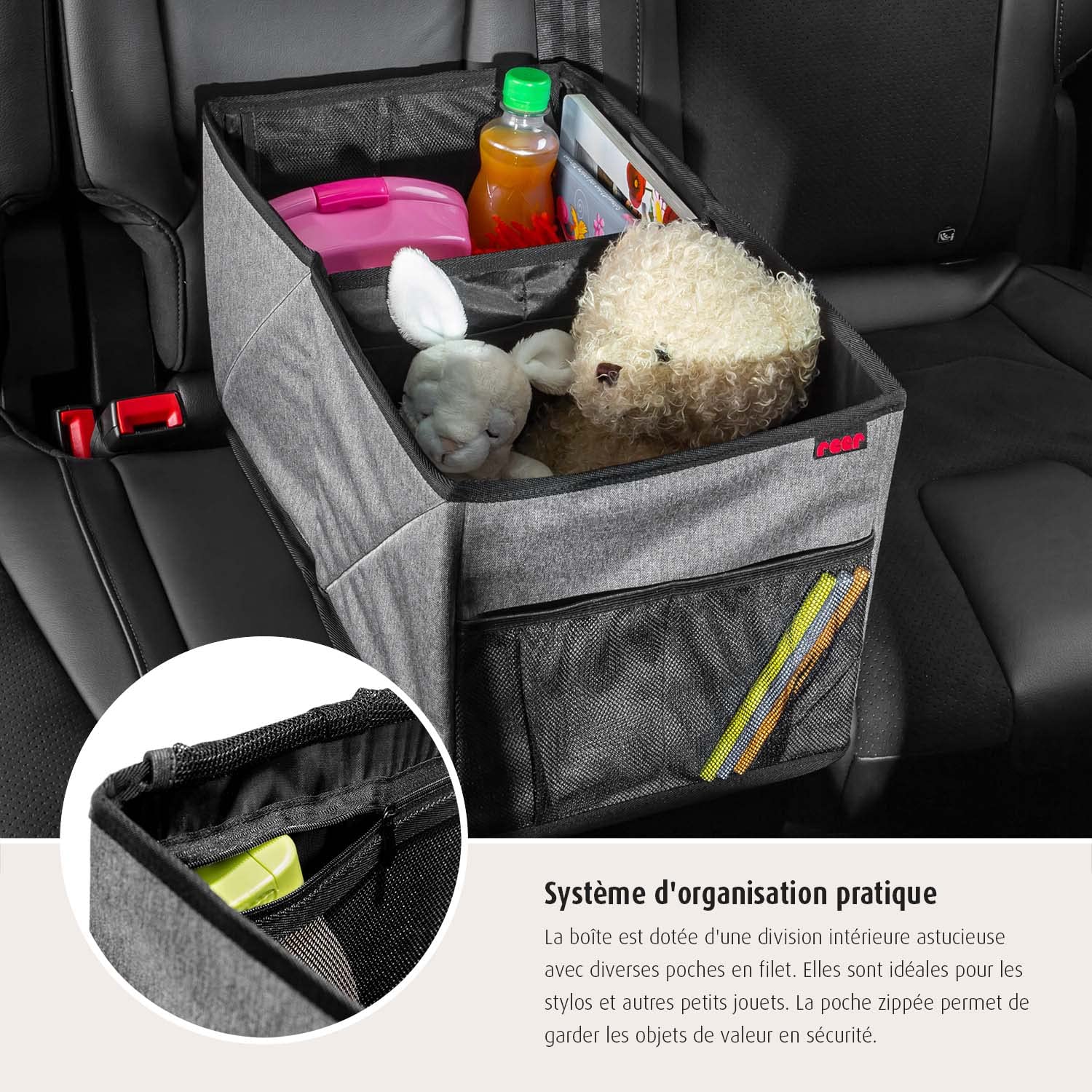 reer TravelKid Box samochodowy na tylne siedzenie, odporny na zabrudzenia, antypoślizgowy spód, składany, szary