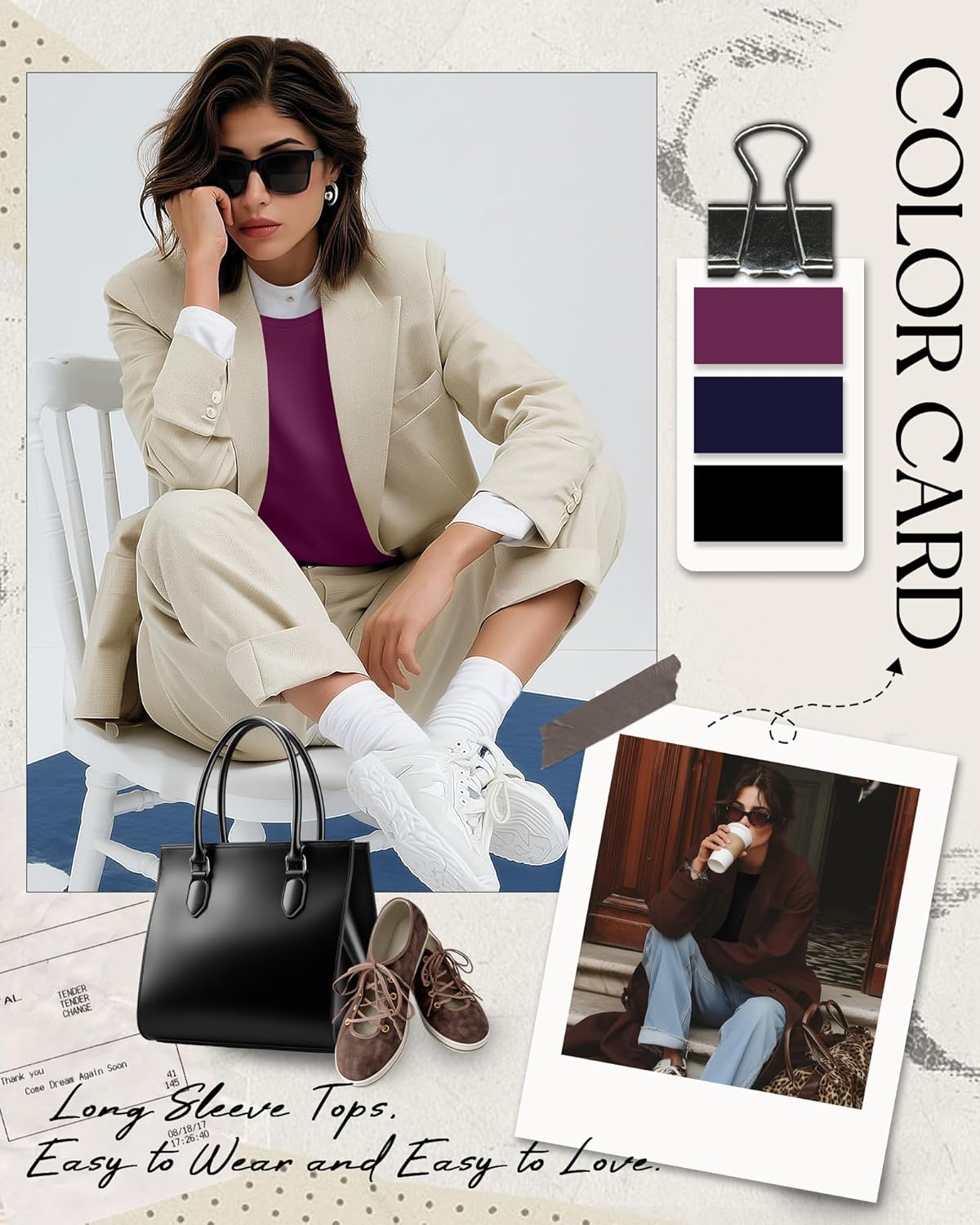 3 Pack Women's Cotton Long Sleeve Shirts, Crew Neck Casual Fitted Tops Rolled Hem Slim Layer Basic Tees Blouses(Fuchsia, Navy Blue, Black,Large) - Image 4