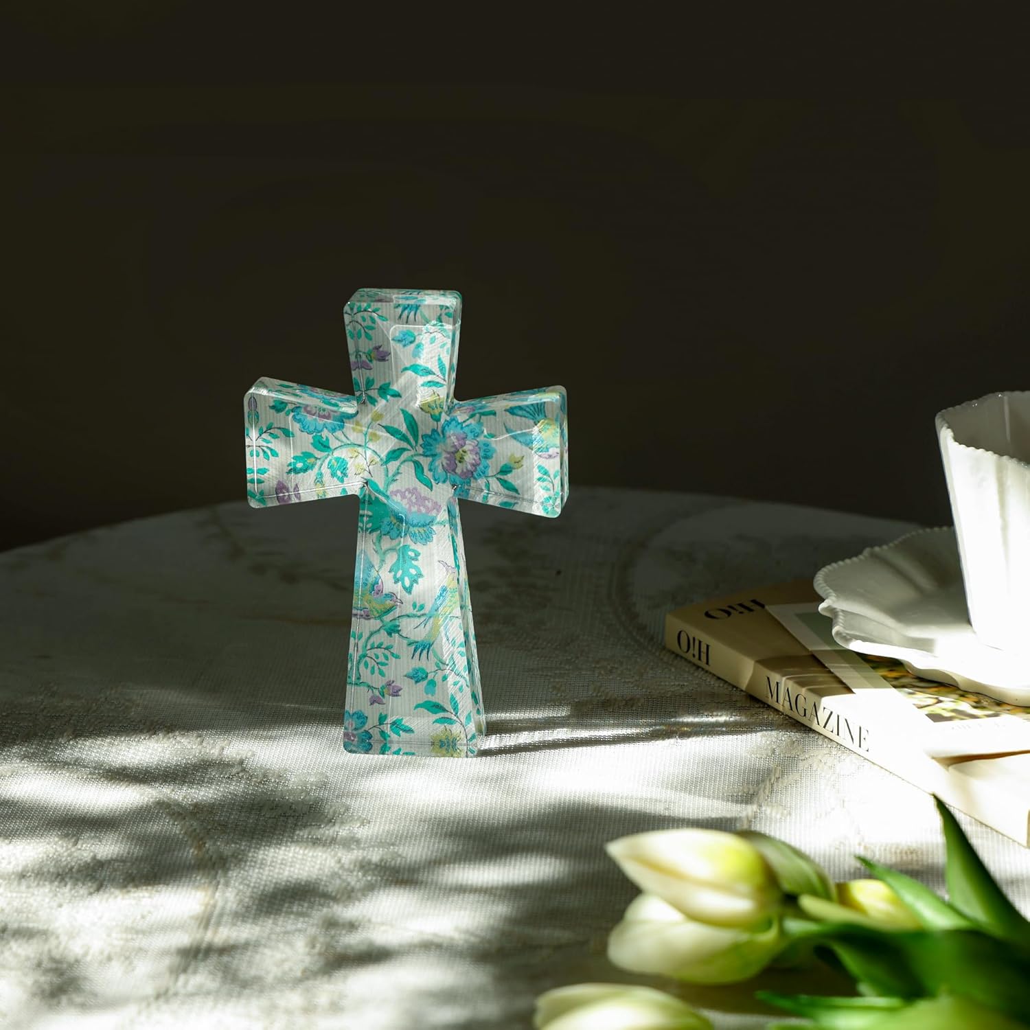NIKKY HOME Acrylic Standing Cross, Small Clear Glitter Religious Decor for Tabletop, Modern Christian Faith Home Accessory for Shelf, Desk Vanity Inspirational Gift