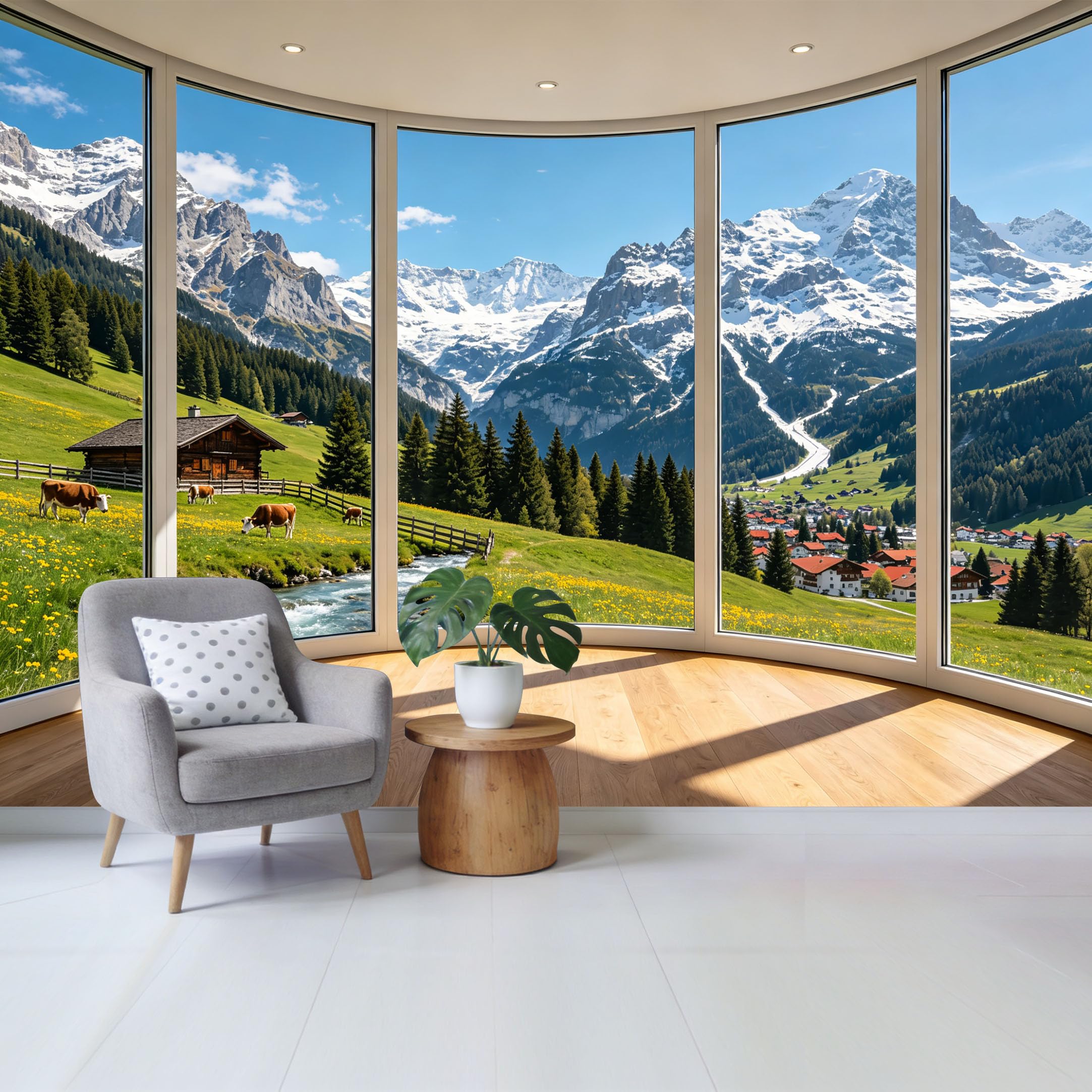 Removable Self Adhesive Fabric Mural， Custom Size Wall Covering Alpine Meadow Mountain Landscape 3D View， UV Protected Waterproof Washable Wall Decor for Living Room Bedroom Bathroom
