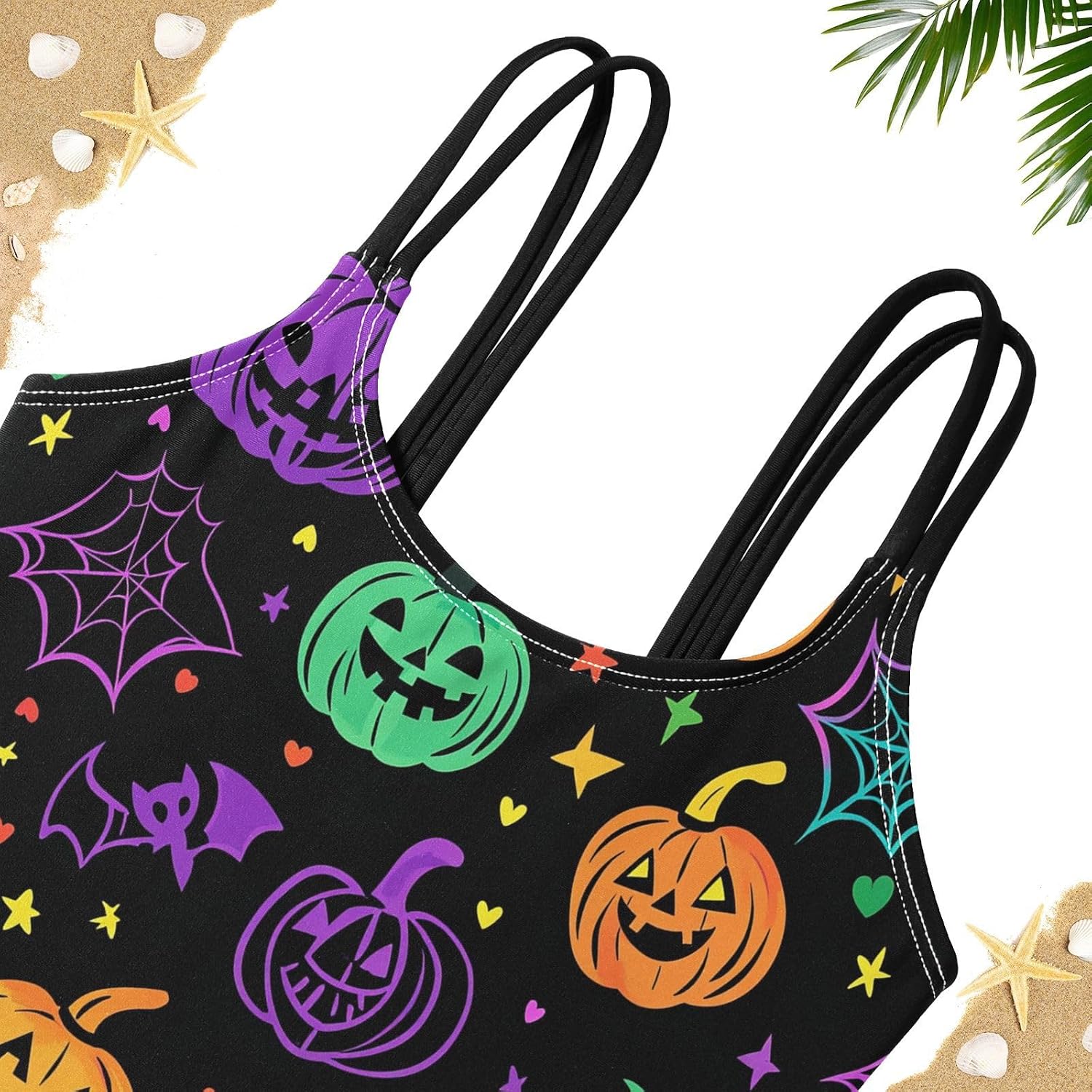 visesunny Girls Two Piece Swimsuits Neon Spiderweb Pumpkin Girl's Bikini Sets Bathing Suits for Girls Size 5-12Y