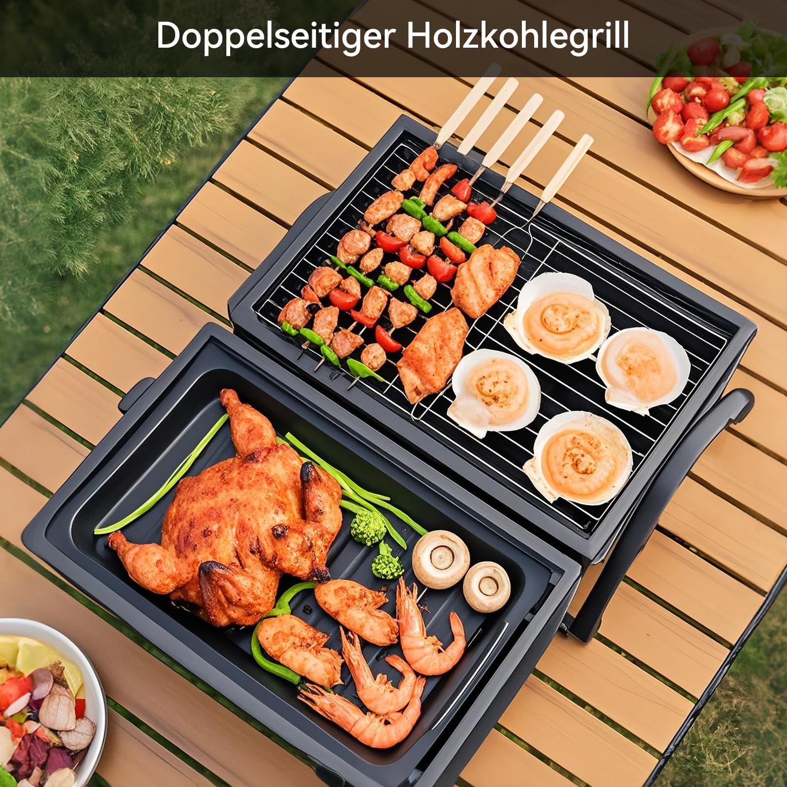 Barbecue portable au charbon de bois pliable double face pour l'extérieur et le jardin en plein air, camping, randonnée, pique-nique, noir