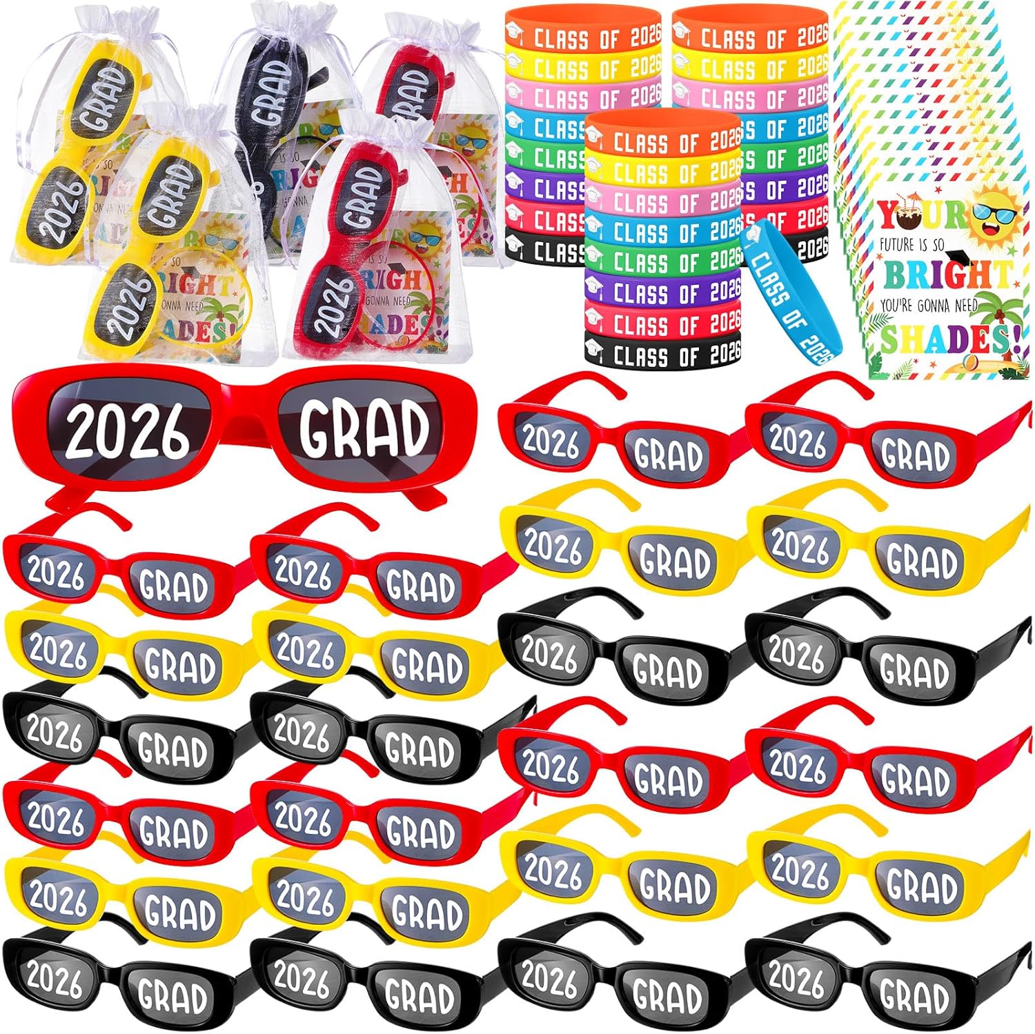 24 Set 2026 Graduation Gifts Bulk Graduation Sunglasses Silicone Wristbands Bracelets with Blessing Card for Grad Photo Booth Prop Accessories(Multicolor)