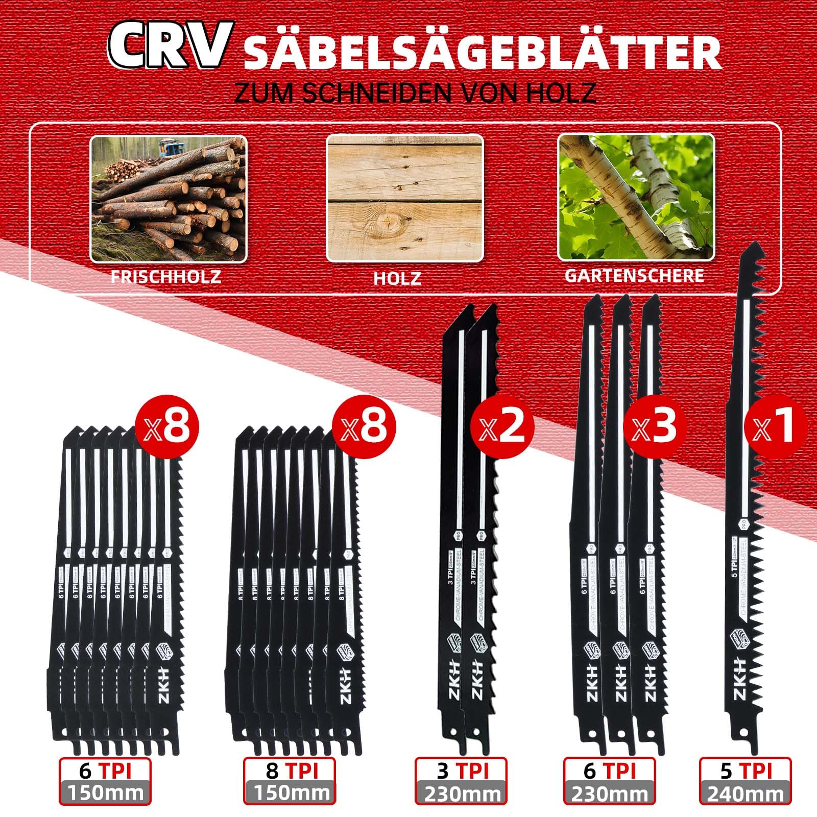 ZKH 35 Stück Säbelsägeblätter, Säbelsägeblatt aus CRV & BIM zum Schneiden für Holz & Metall & Kunststof mit Handtasche, Sägeblatt Säbelsäge für schnelle und saubere Schnitte