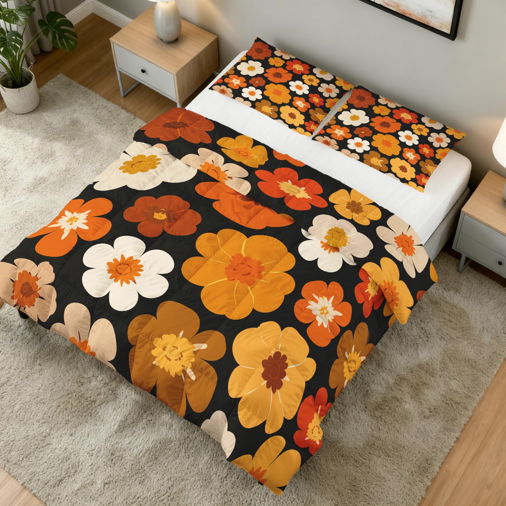 Blumen Bettdecke 135x200 4 Jahreszeiten, Vintage Retro Orange Bettdecke Ohne Bezug Warm Steppdecke Ganzjahresdecke Winterdecke Mit Kissenbezug, Schlafzimmer Deko Blumen