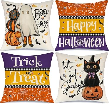 Halloween Pillow Covers 18x18 Set of 4 Ghost Black Cat Pumpkin Halloween Decorations Spider Bat Trick or Treat Striped Throw Pillow Covers Lets Get Spooky Cushion Case for Sofa Couch
