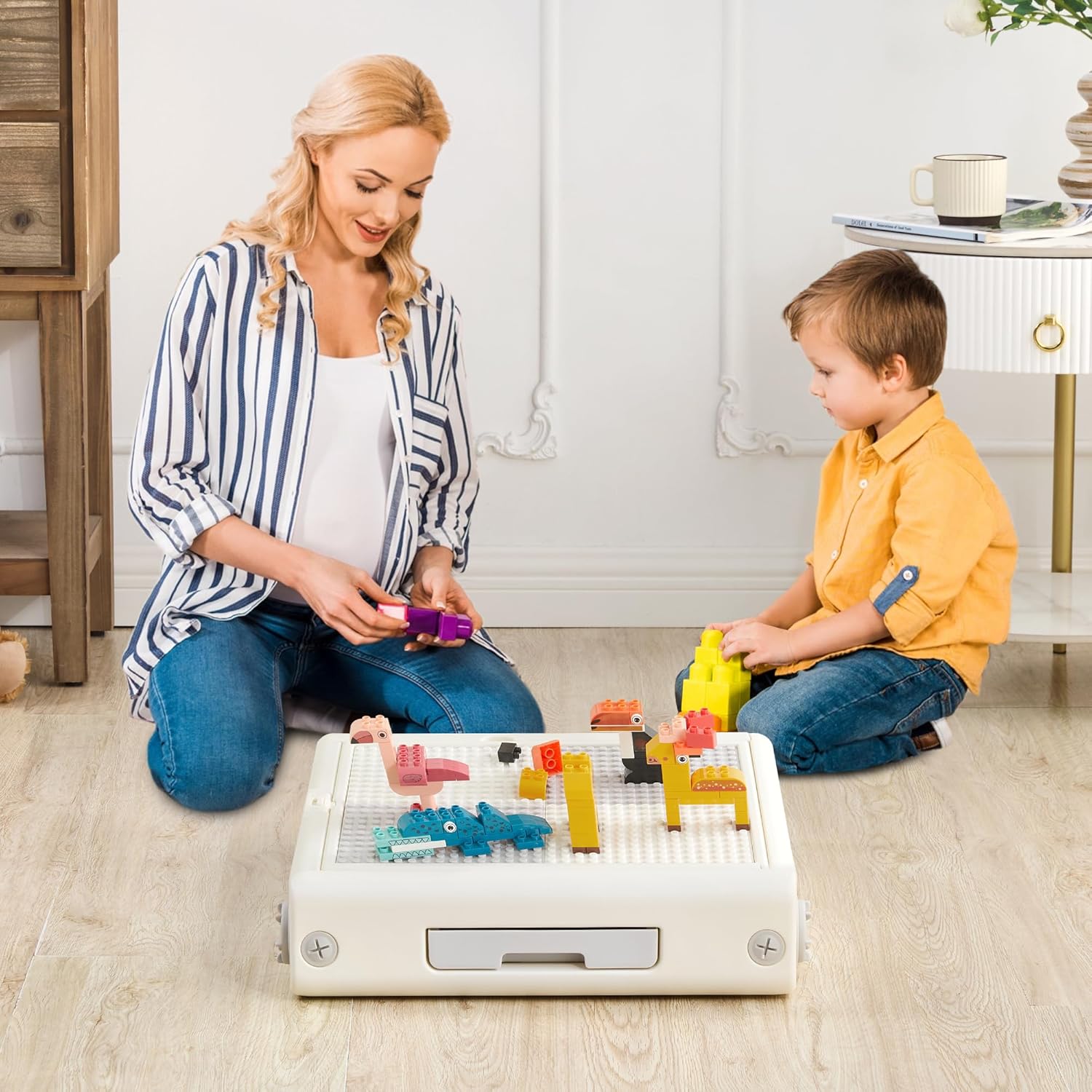 Toddler Table and Chair Set, Foldable Building Block Table for Kids, Double-Sided Drawing & Building Kids Activity Tables, Include 5 Markers & Board Eraser