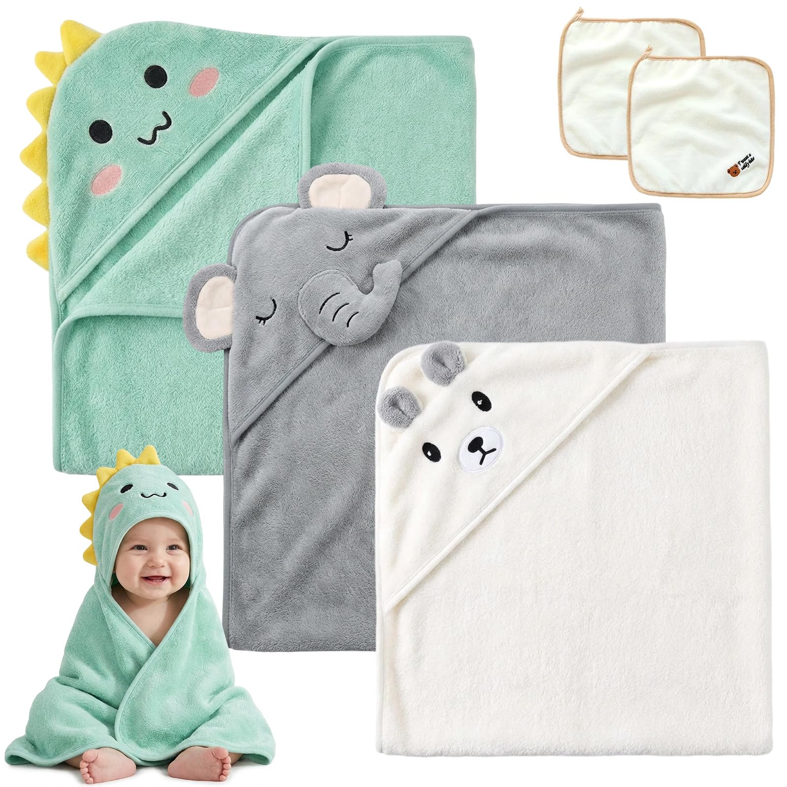 3 Pack Hooded Baby Towel - 80x80CM Soft Bath Towel with 2 Square Scarvesfor Bathtub Ultra Absorbent Baby Bath Towels Natural Baby Stuff Towel for Babie, Infant Newborn Boy Girl(Green, White, Gray)
