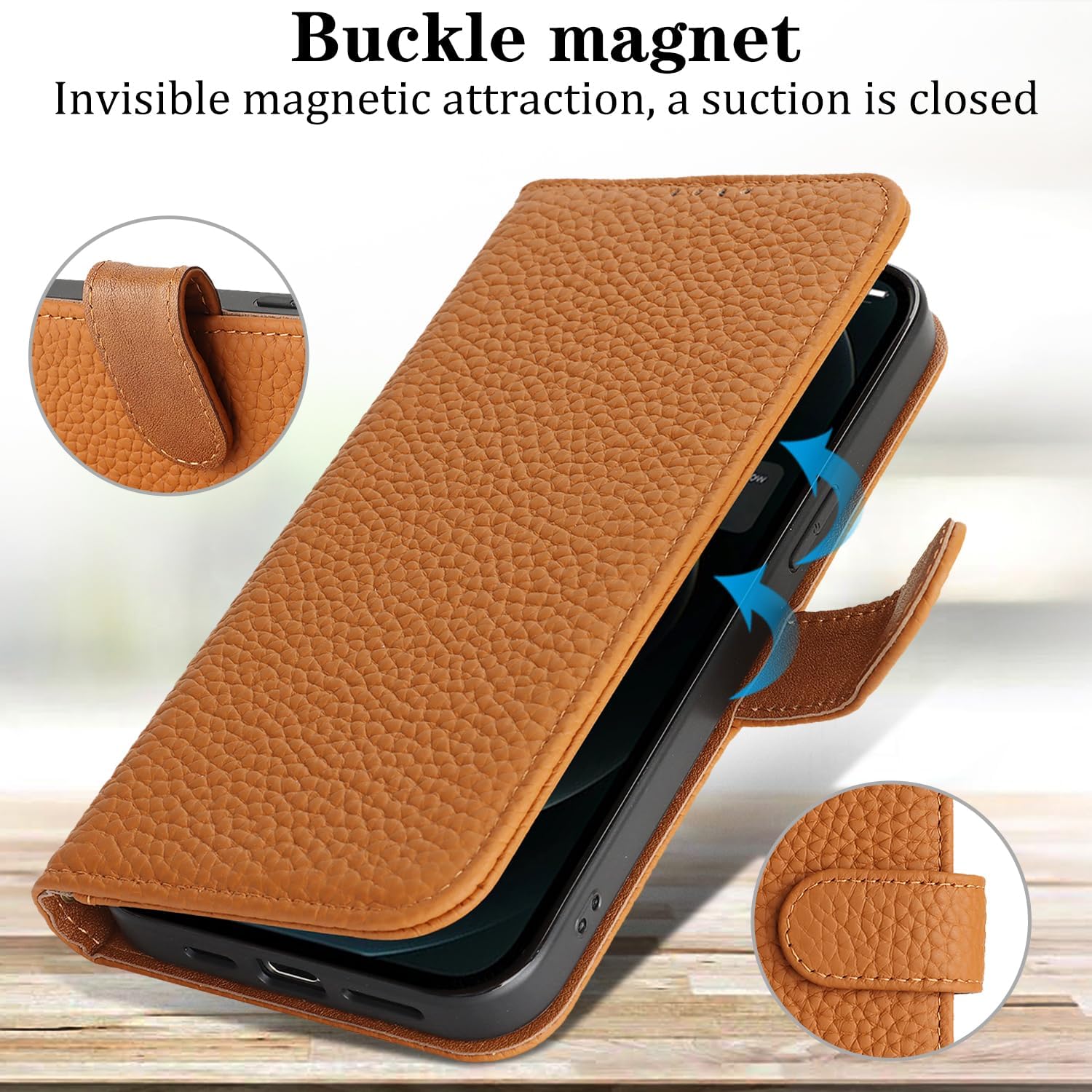 Zouzt Case for iPhone 12/12 Pro 6.1" Genuine Leather Wallet Case with 4 Card Slot, RFID Blocking Card Holder Magnetic Flip Folio Shockproof Phone Cover Women Men for iPhone 12/12 Pro - Amber - Image 4
