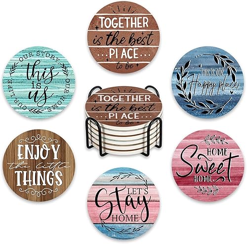 Paayna Housewarming Gifts for New Home Ceramic Coasters with Holder Set of 6, In