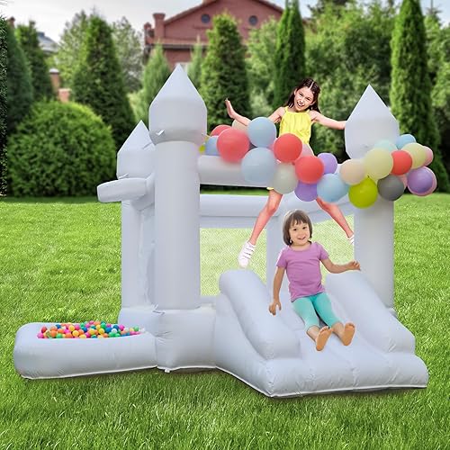 Miniatura 4 de Casa inflable de boda blanca con soplador de salto con tobogán para fiestas de niños, castillo familiar, 9 pies de largo x 9 pies de ancho x 7 pies