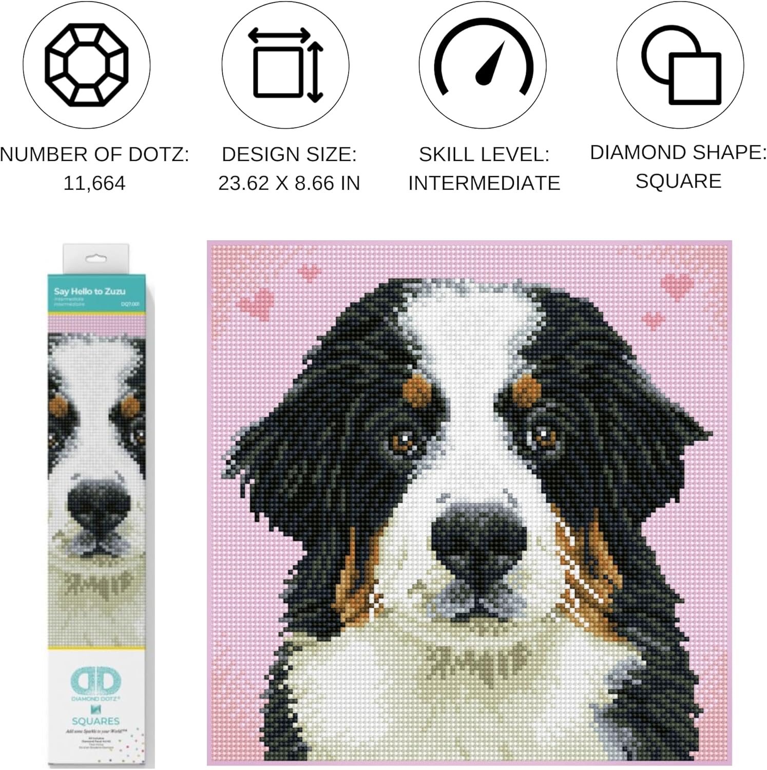 DIAMOND DOTZ Say Hello to Zuzu Dog Diamond Painting Kits for Adults - Diamond Art Kits a Relaxing Creative Craft Kit with Dotz Gems 11.4"x11.4"